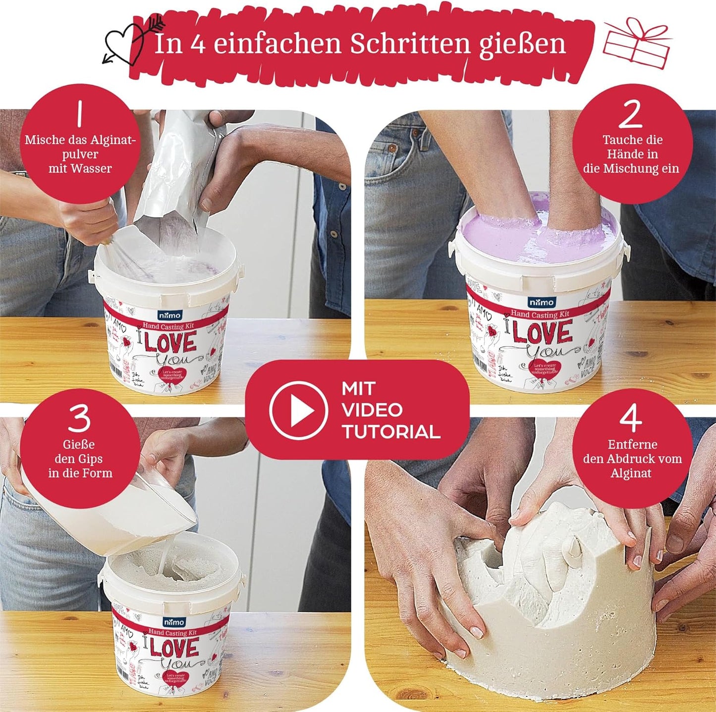 I love you 3D Handabdruck-Set mit Video-Tutorial, ‘I love you’ Gipsabdruck-Set