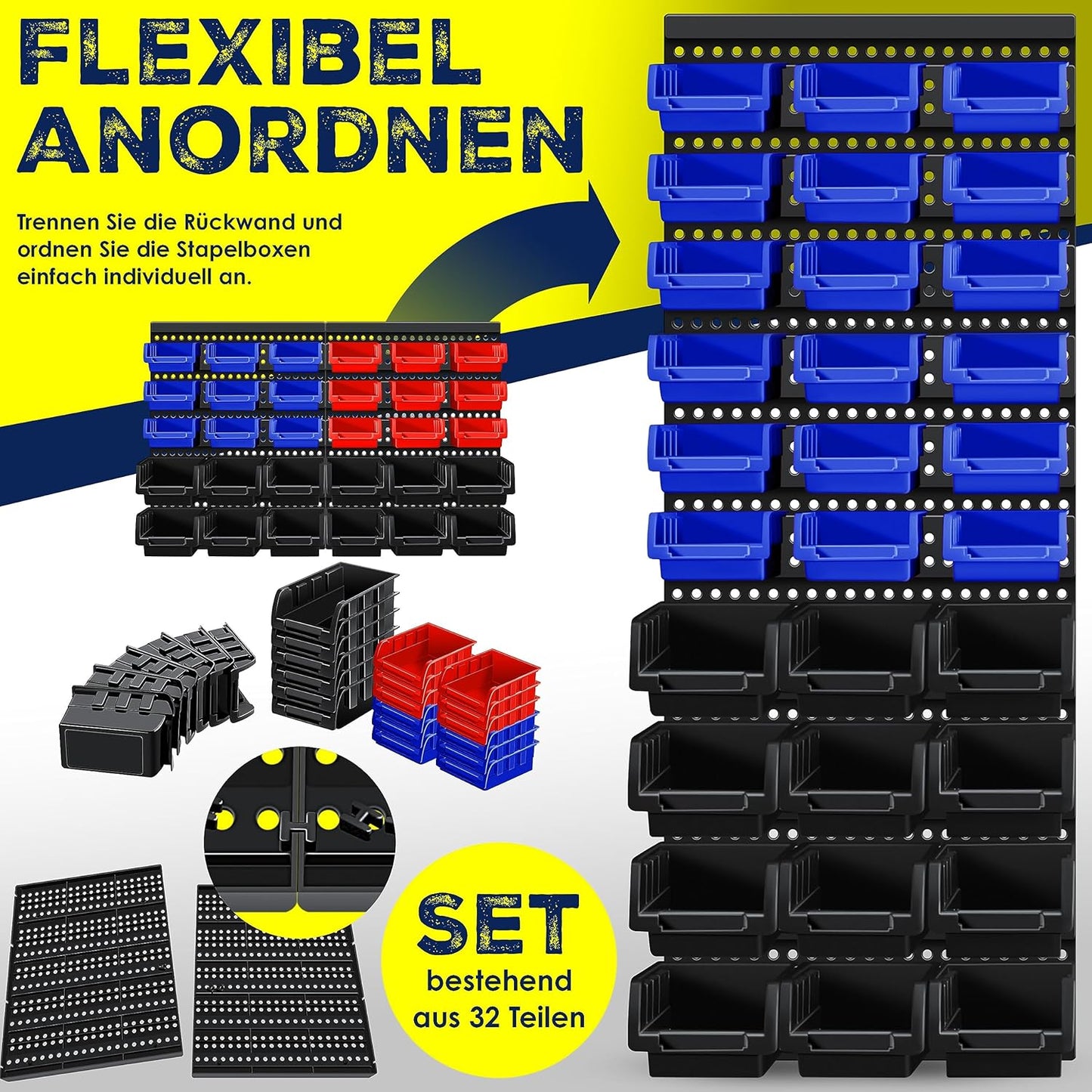 Wandregal mit Stapelboxen, Schwarz / Blau / Rot