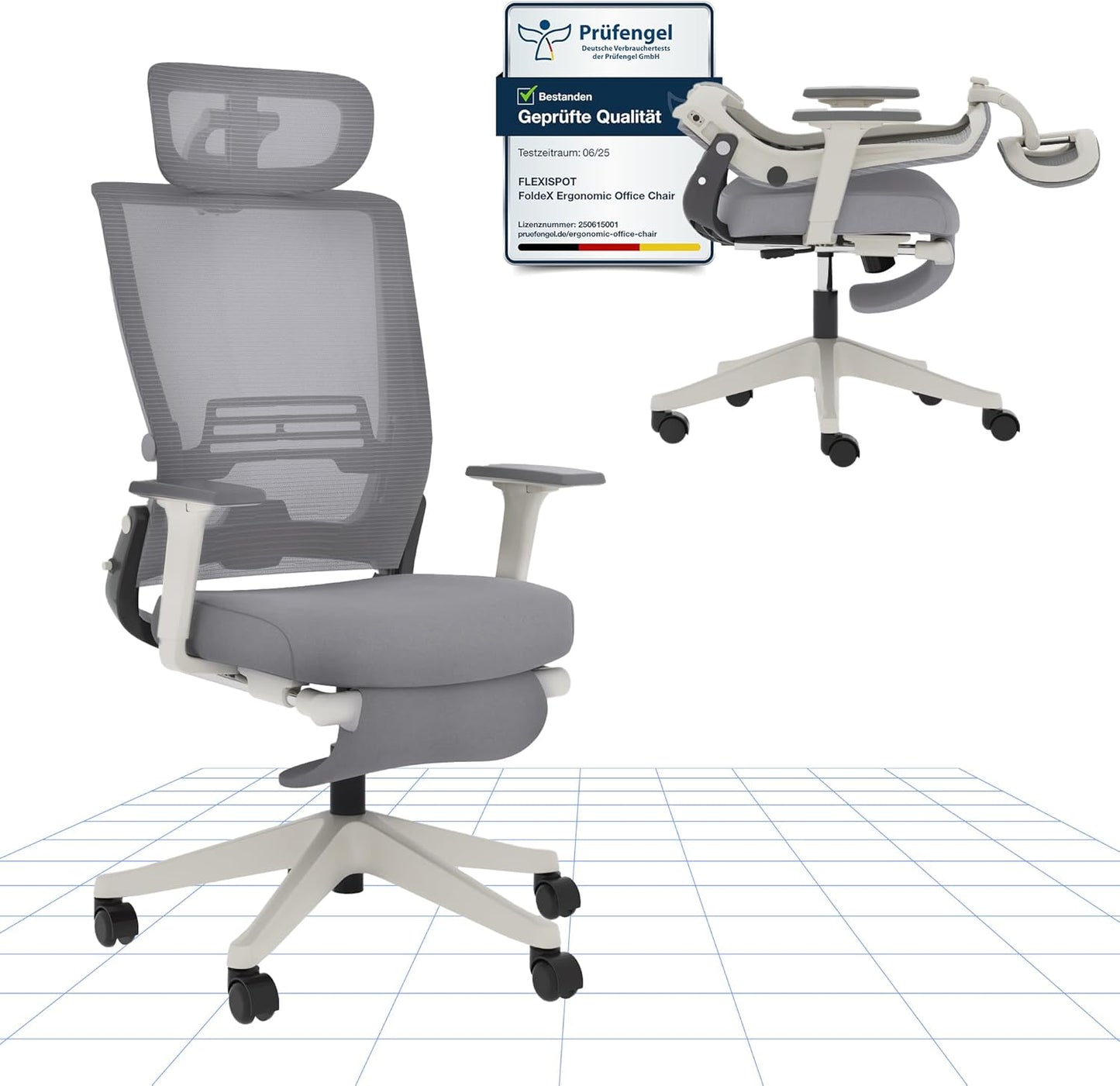 Ergonomischer klappbarer Bürostuhl mit Lendenstütze, Grau