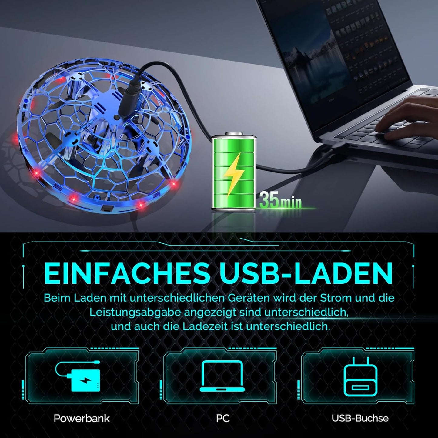 Mini UFO Drohne mit LED Licht, Blau