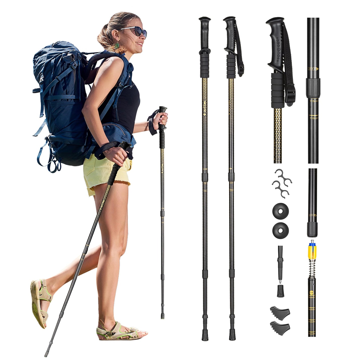 Ultraleichte Trekking- und Wanderstöcke, Schwarz und Gold