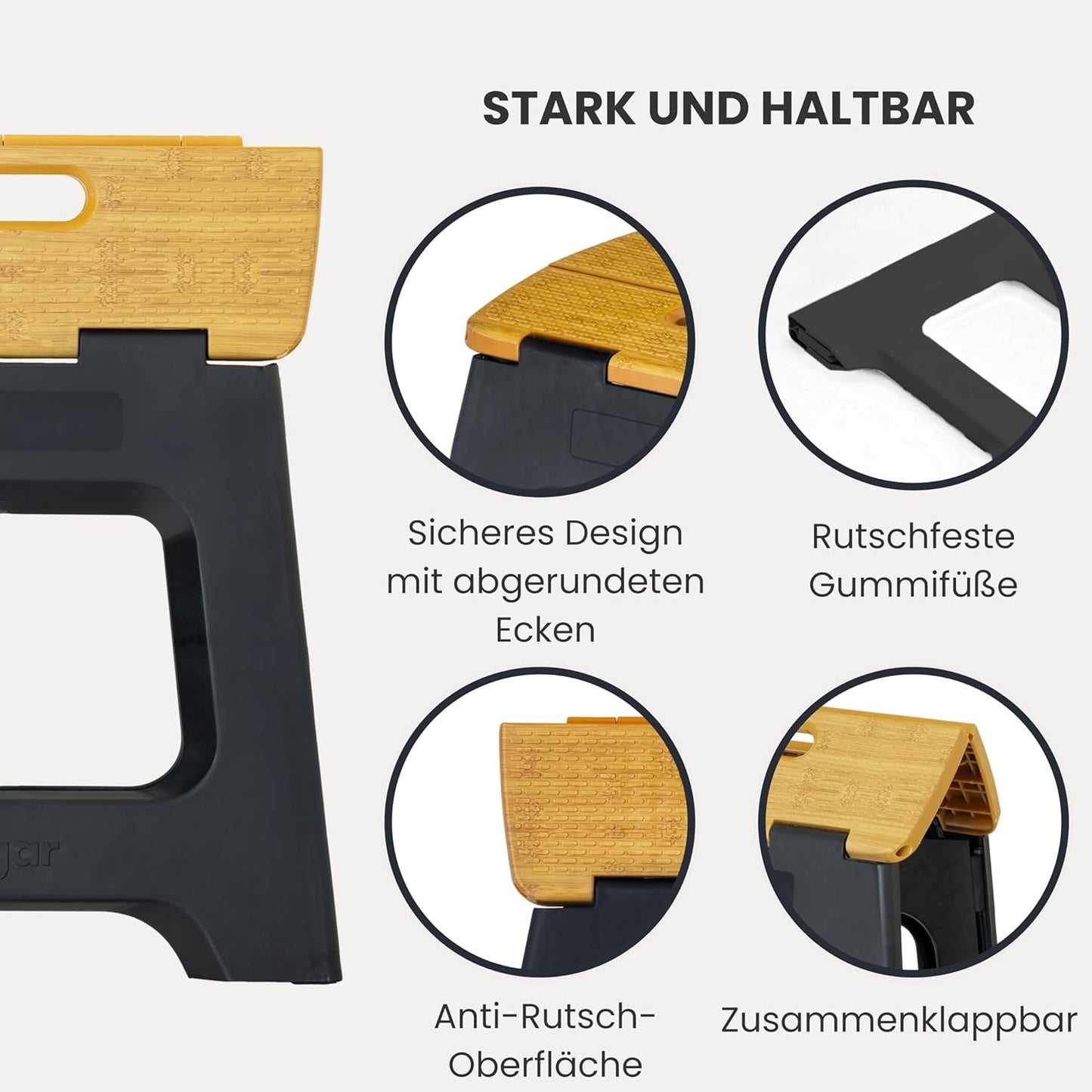 Kompakter Klapptritt-Hocker, Schwarz, Bamboo Print On Top 32 cm, 1-Step