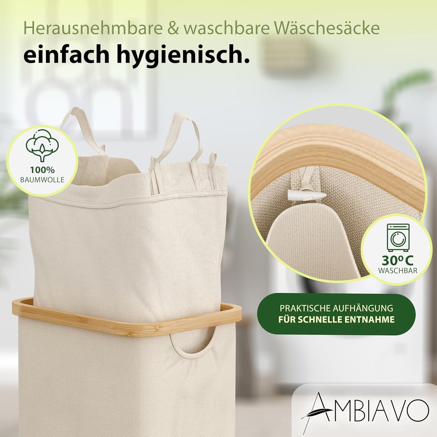 Wäschekorb mit 2 Fächern & Ablage, 2 Fächer Beige
