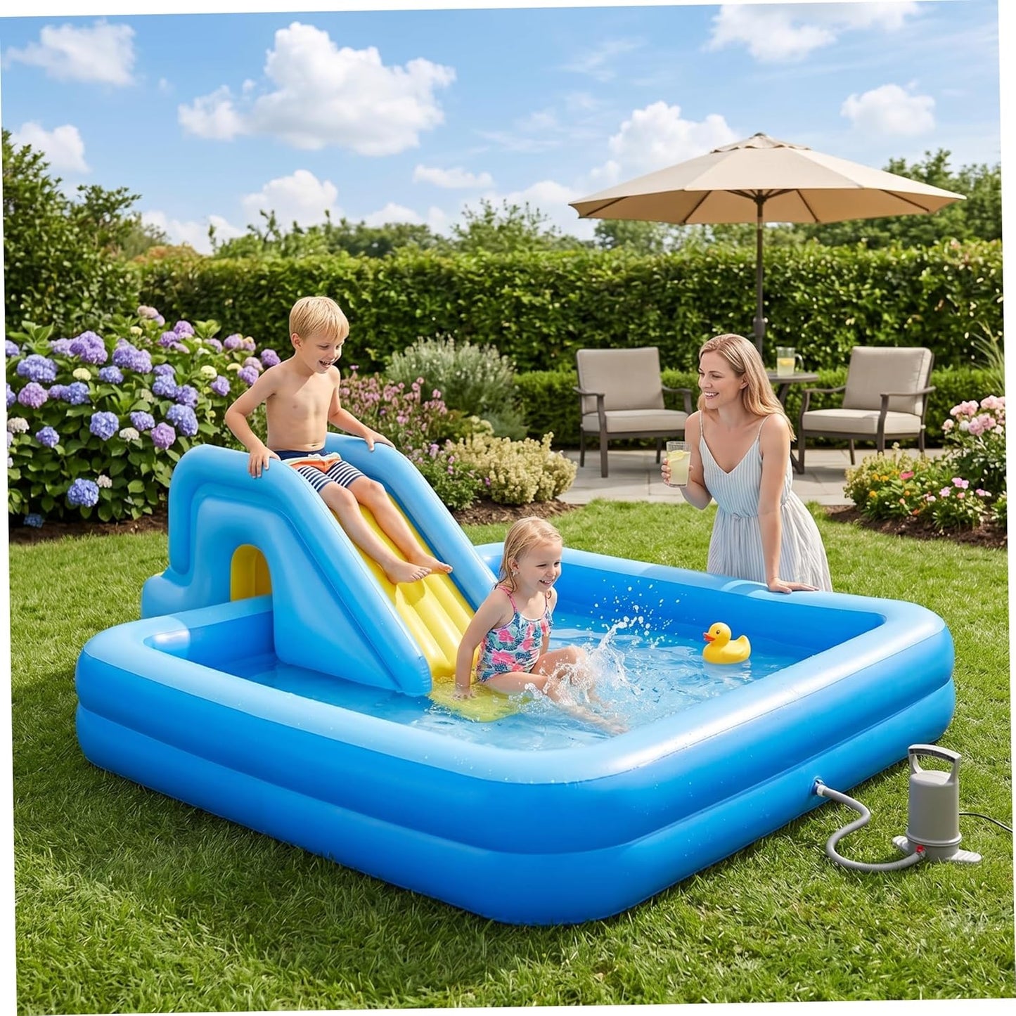 Aufblasbare Pool- und Wasserrutsche mit Fusspumpe, Hellblau