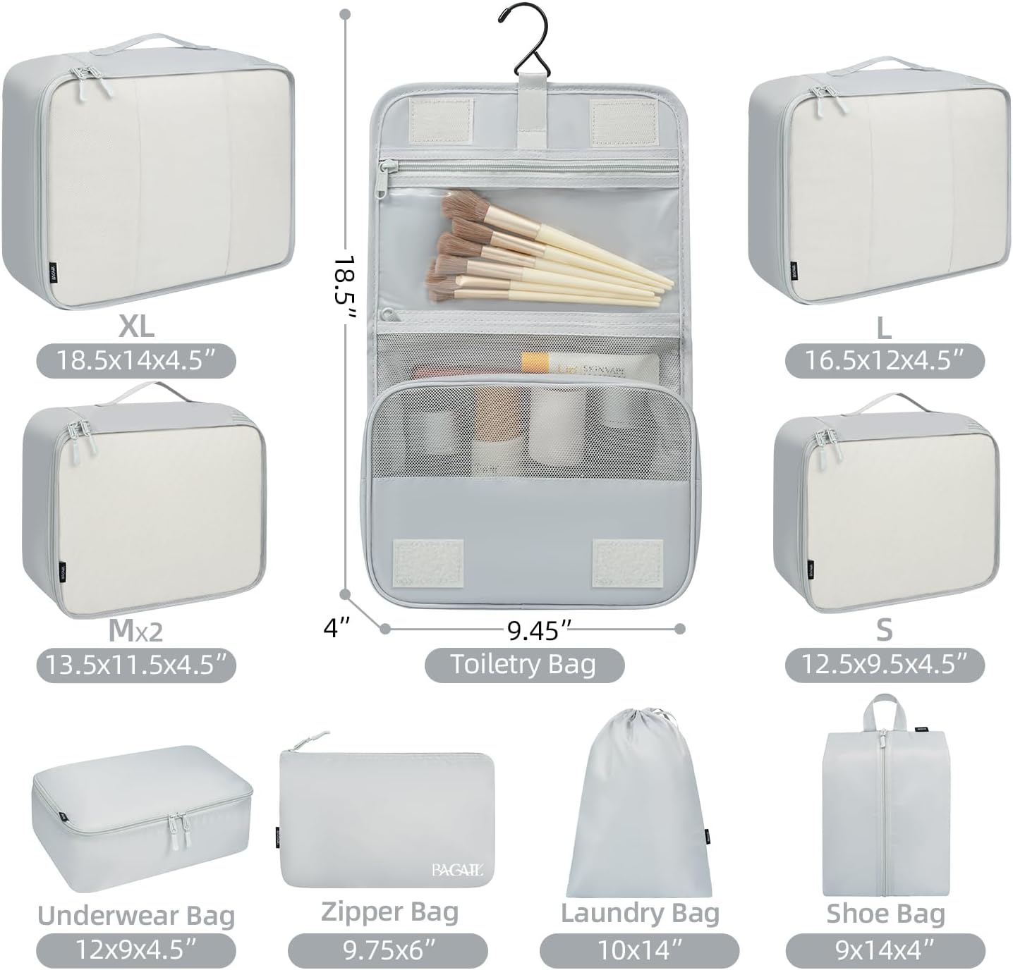 10-teiliges Packwürfel-Set für Reiseorganisation, 10er-set–hellgrau 10er-Set, Vollgitter