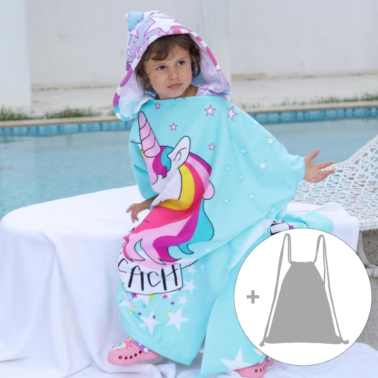 Badeponcho für Kinder mit Kapuze (4-12 Jahre), 1-einhorn Einheitsgröße