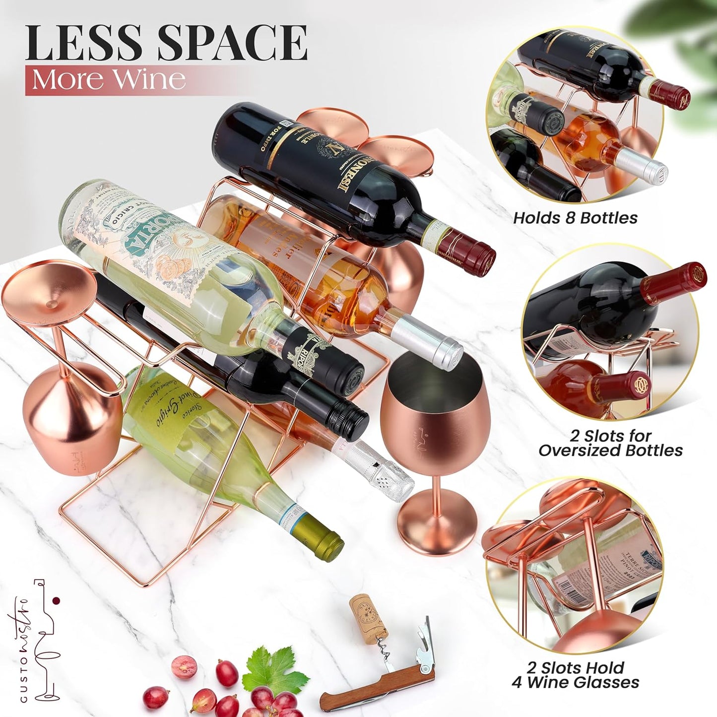 Weinregal mit Weinglashalter für 8 Flaschen & 4 Gläser, Roségold 8 Flaschen