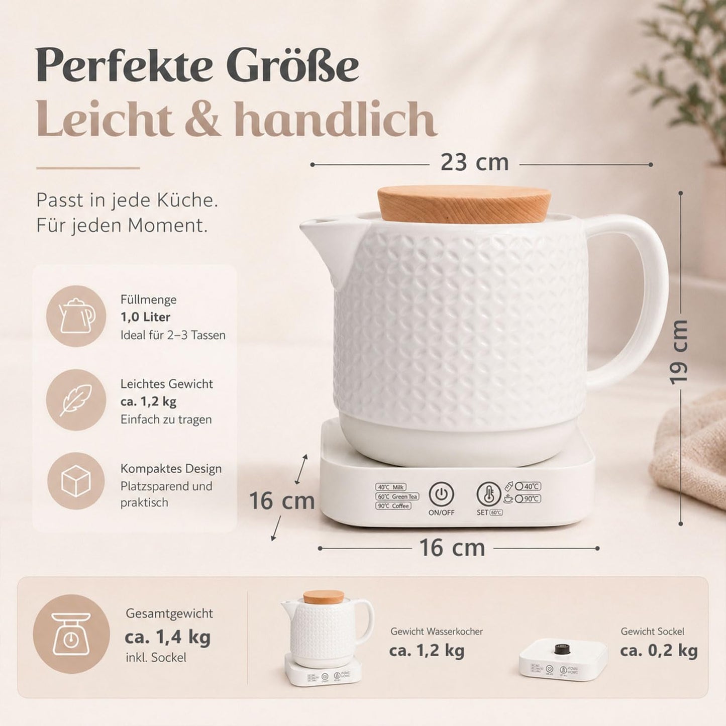 Keramik-Wasserkocher mit Temperatureinstellung
