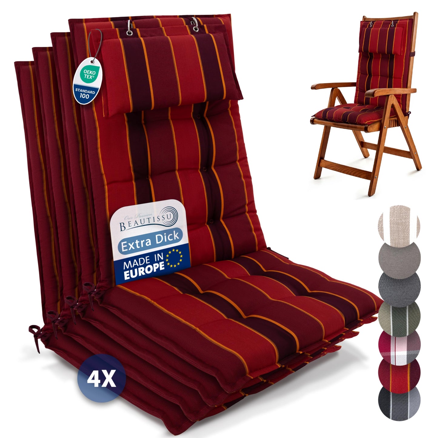 4-teiliges Hochlehner Auflagen-Set mit Kopfpolster, 4 Auflagen Rot Gestreift