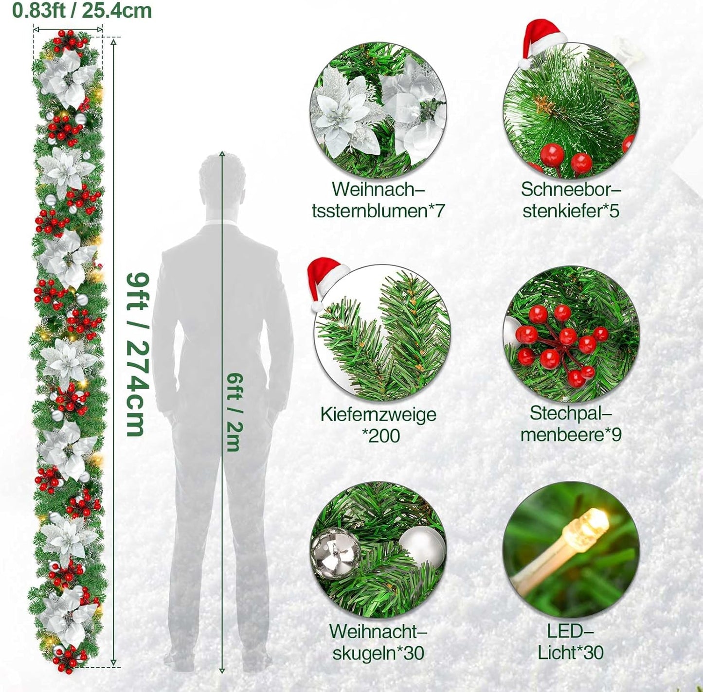 Weihnachtsgirlande mit Blumen und Beeren, Silber