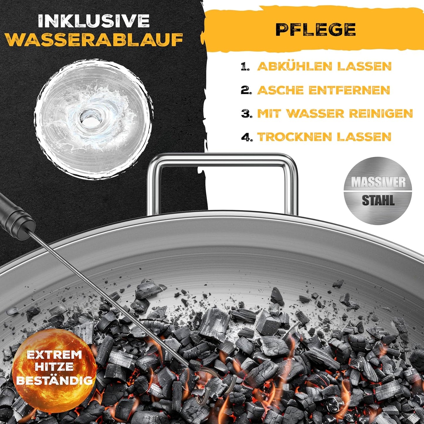 Feuerschale mit Feuerhaken, Ø 60 cm Legierter Stahl