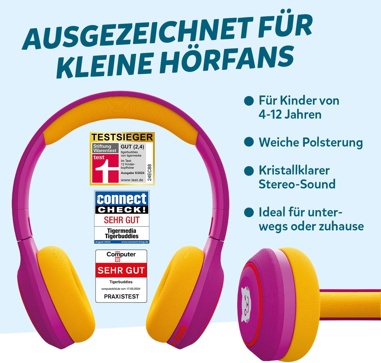 Kinder Bluetooth Kopfhörer mit Lautstärkebegrenzung 85 dB, lila/gelb