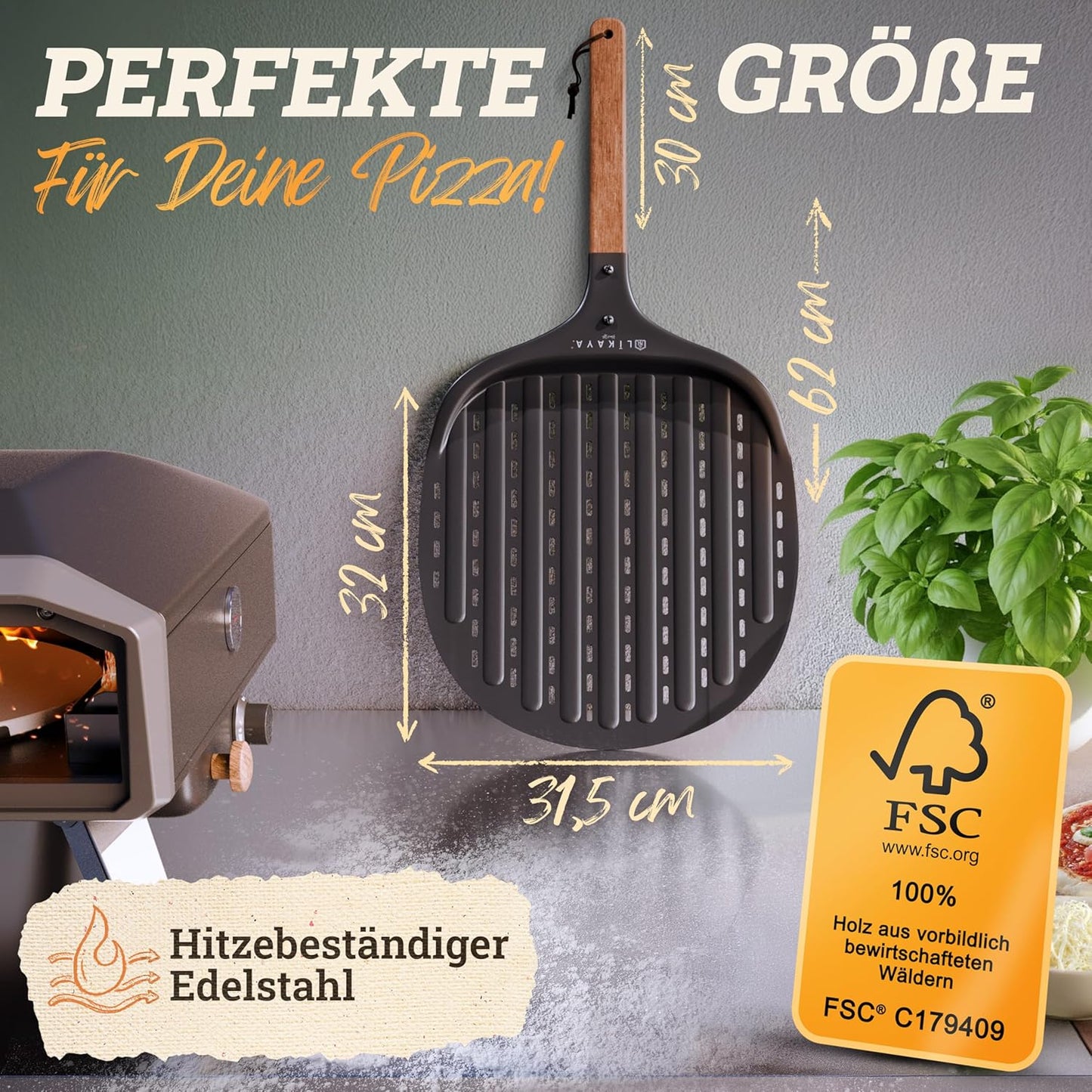 Antihaft Pizzaschaufel mit Holzgriff, Schwarz Pizzaschieber 32cm [rund]