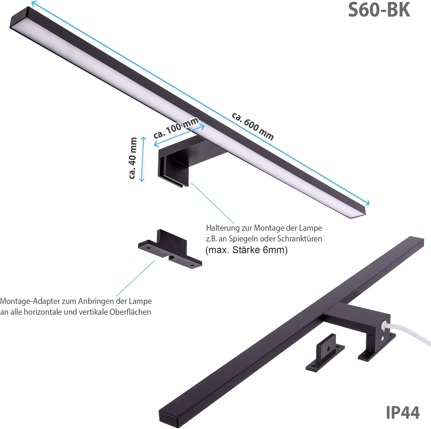 LED-Spiegelleuchte S60-BK, Eckig - 60cm Schwarz