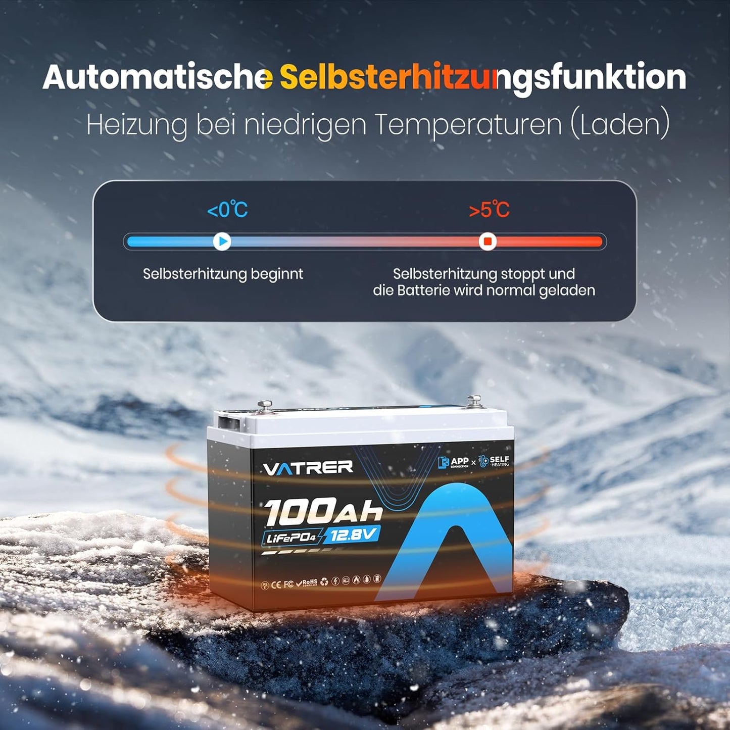 LiFePO4 12V 100Ah Lithium-Akku mit Bluetooth, 12V100Ah Selbsterwärmung