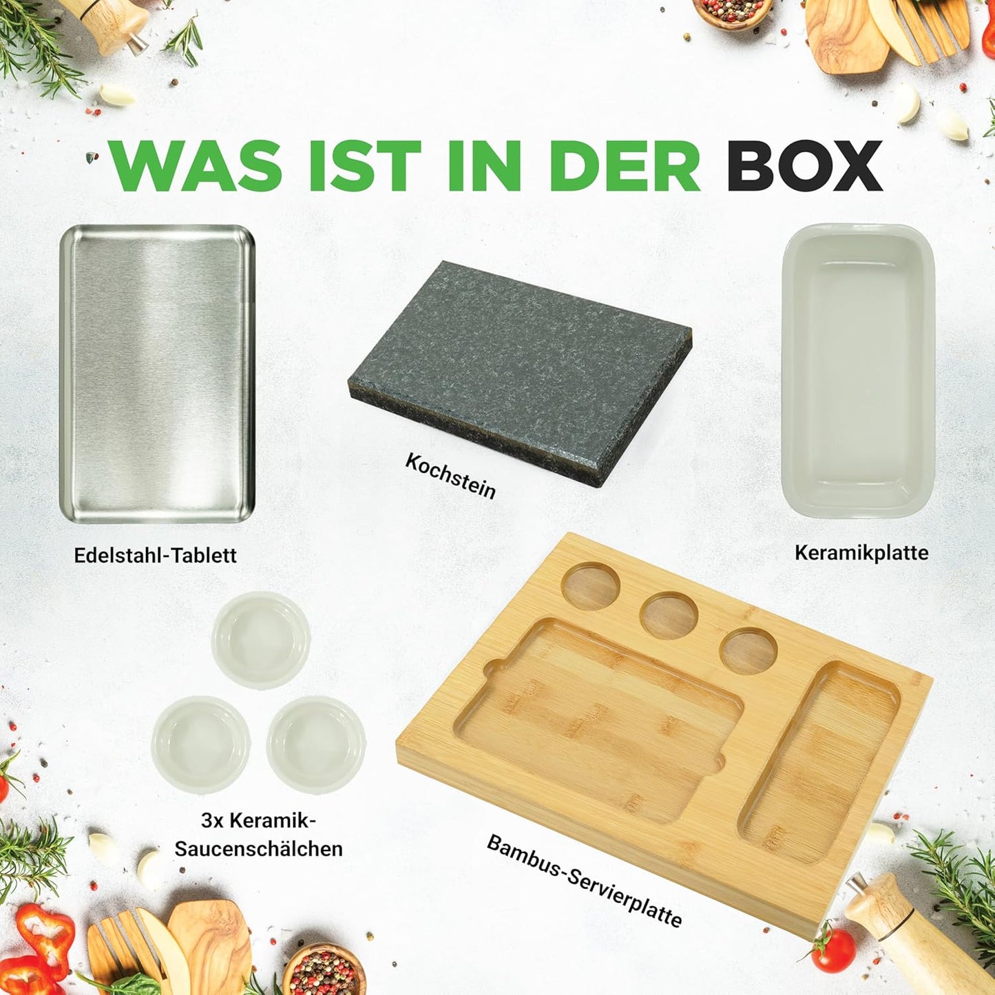 Heisser Stein Tischgrill-Set, Rechteck + Keramikteller
