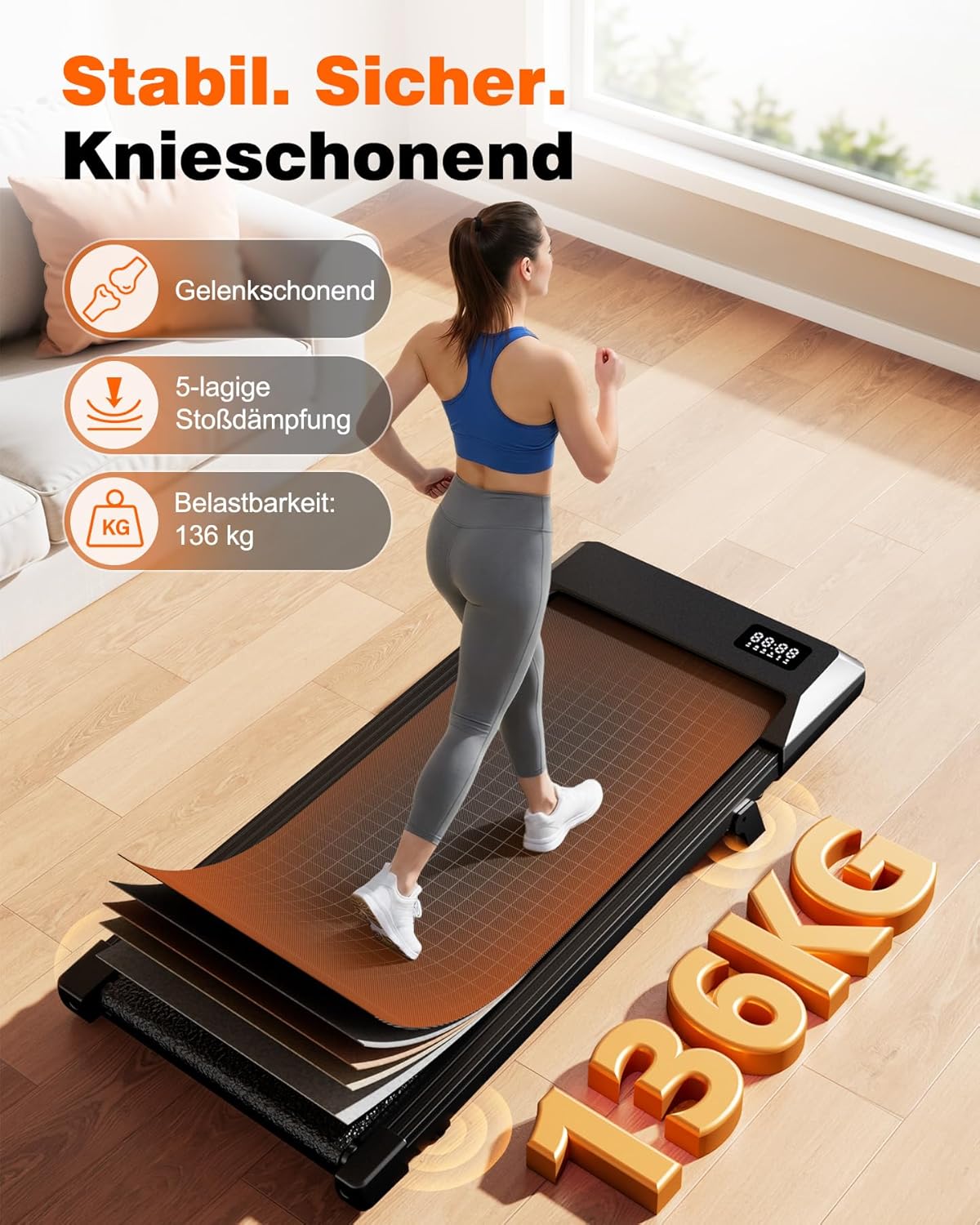 Faltbares 4-in-1 Laufband mit Neigung und Griffen, 100 CM Tiefes Schwarz
