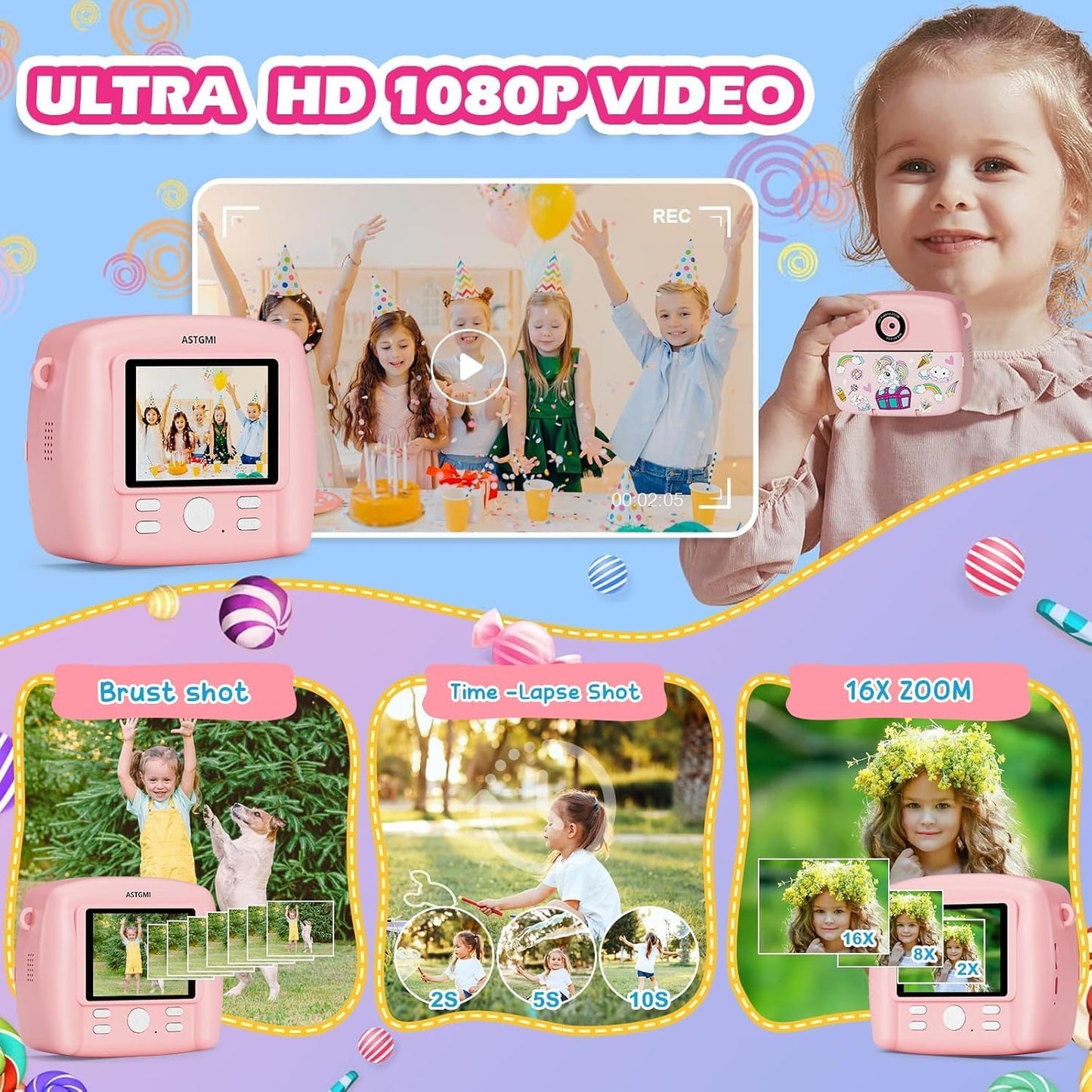 Kinder-Sofortbildkamera mit Fotodruck, Rosa