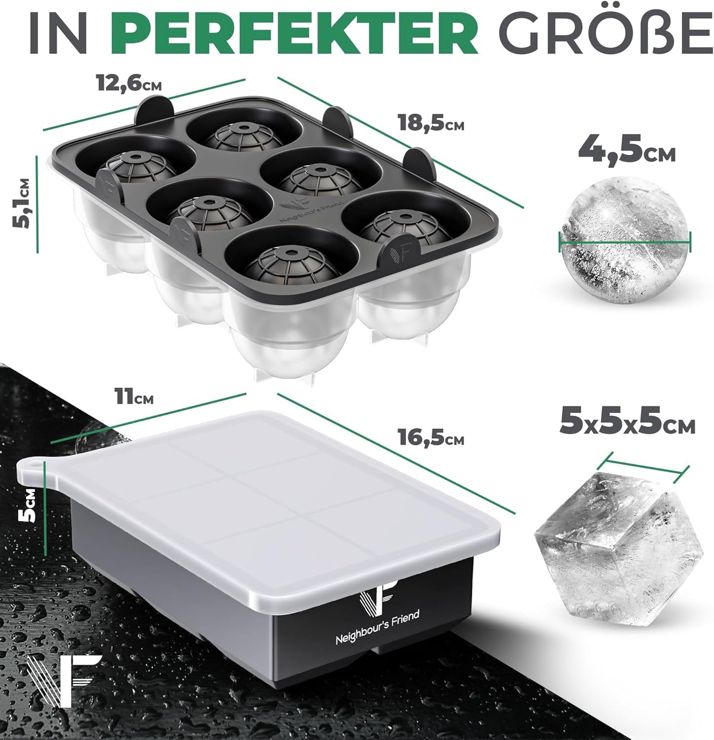 XXL Eiskugelform und Eiswürfelform Set (4 Stück), 2x Eiswürfelform + 2x Eiskugelform