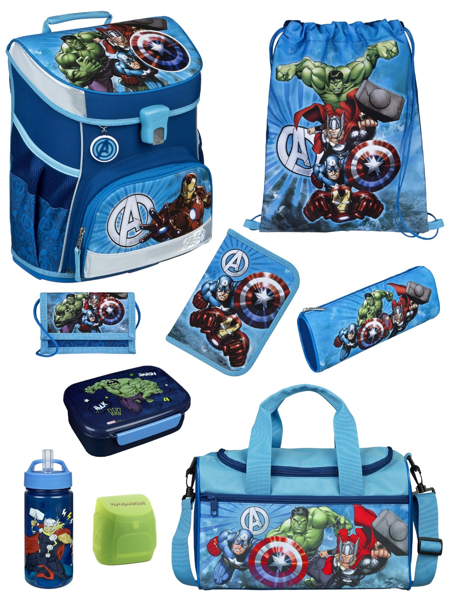 Ergonomisches Schulranzen-Set, 9-teilig, Marvel Avengers, 9-teiliges Set mit Sporttasche