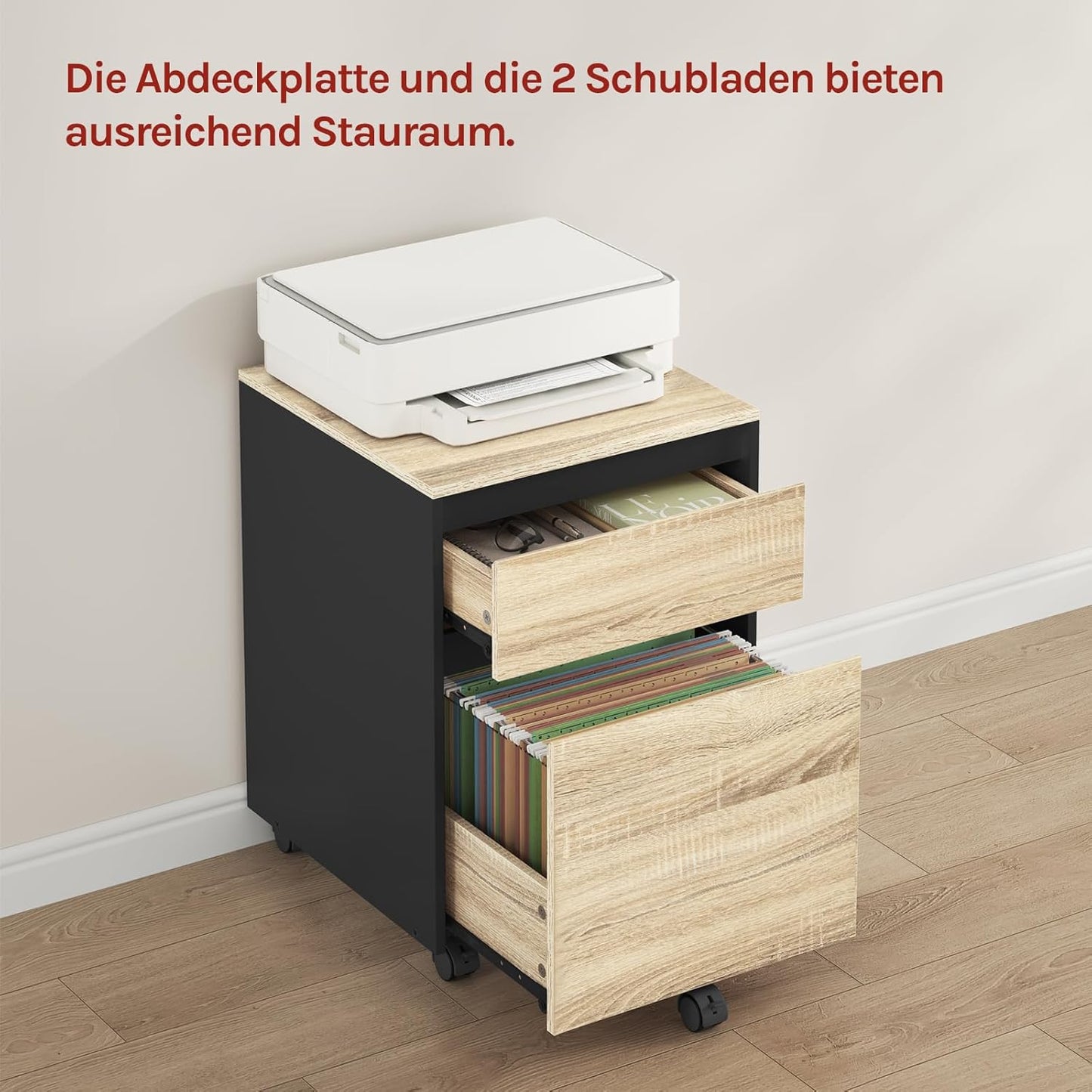 Rollcontainer mit 2 Schubladen, Hell Eiche