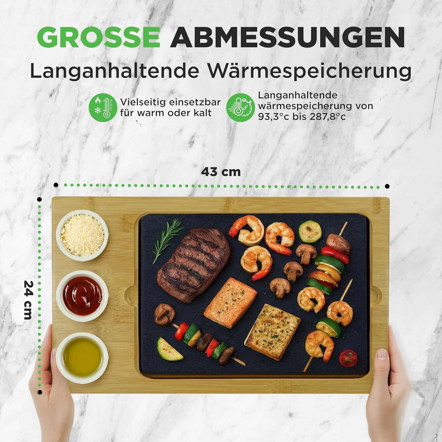 Heisser Stein Grillplatte mit Bambusrahmen, Rechteck