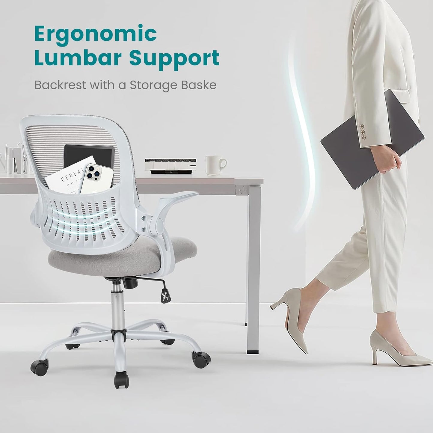 Ergonomischer Bürostuhl mit Lendenwirbelstütze, höhenverstellbar, Verstellbare Armlehnen-gray