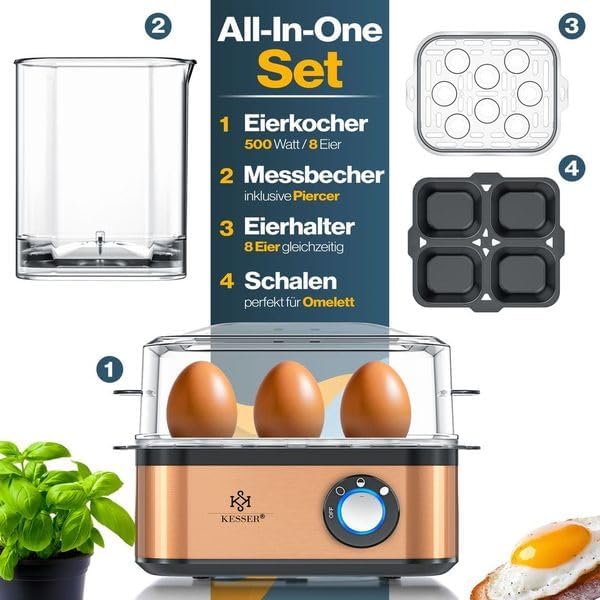 Elektrischer Eierkocher für 1-8 Eier mit Warmhaltefunktion, Schwarz / Kupfer