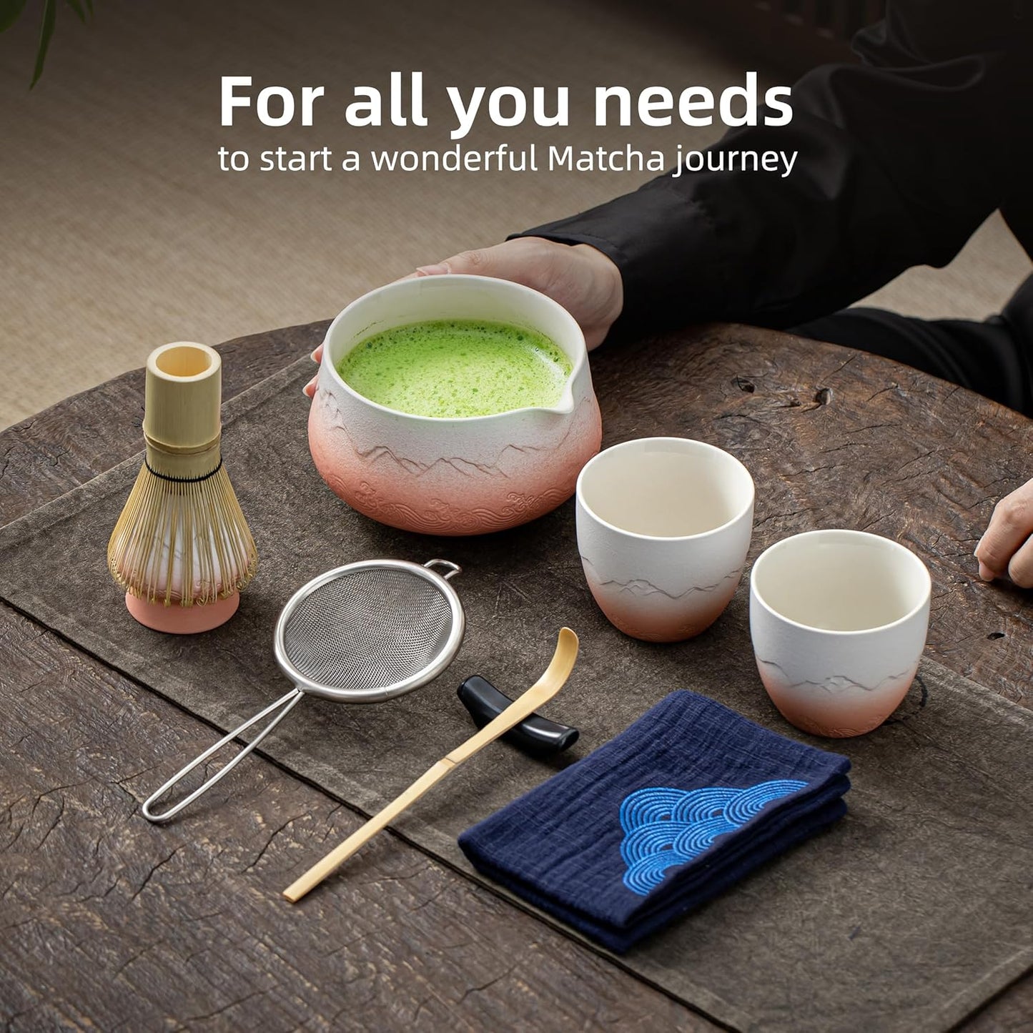 Matcha Teezubereitungsset (9-teilig) mit Schale und Tassen, 9Stück/Set, Schüssel-Set + 2 Tassen Farbverlauf, Rosa, Weiß