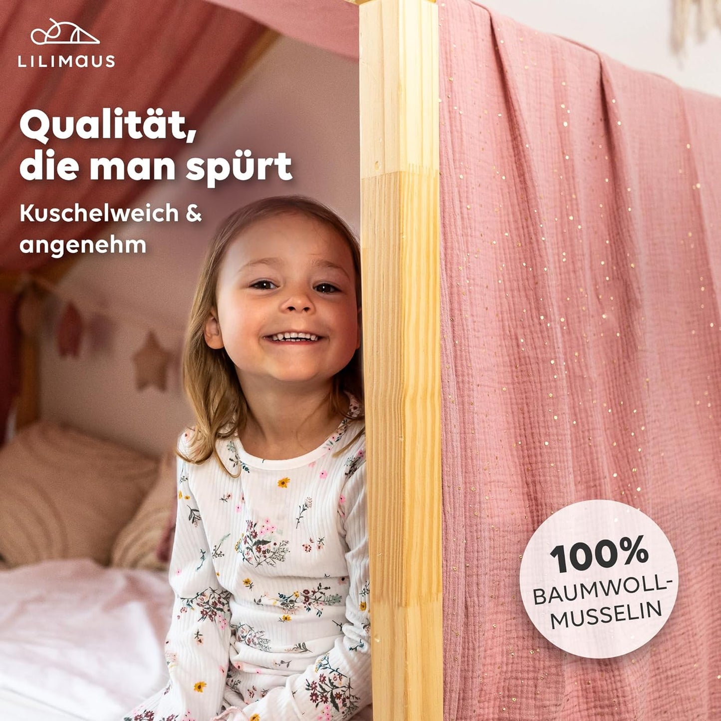 Baumwollmuschel für Hausbetten, Altrosa 135 x 320cm mit Goldapplikation