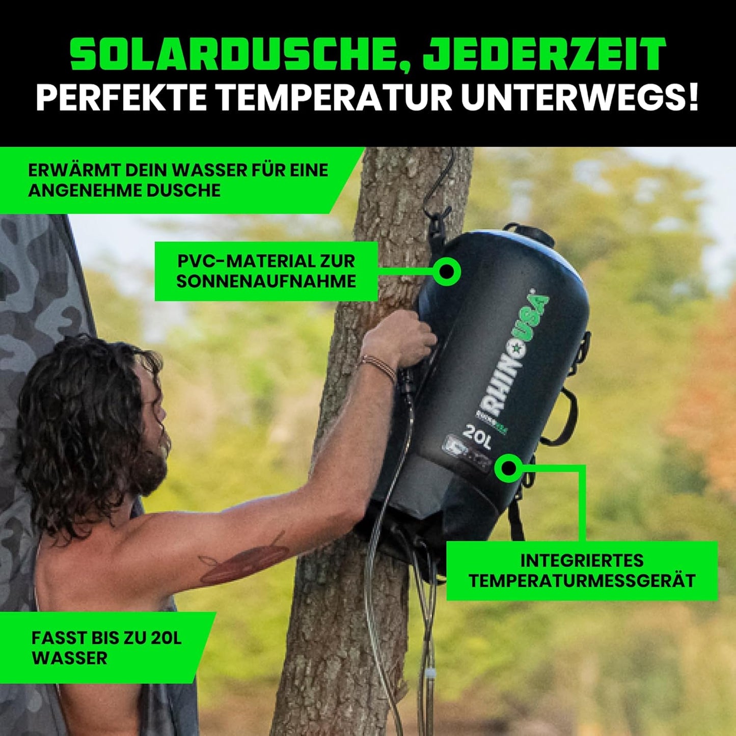 Tragbare Solar-Campingdusche, Schwarz