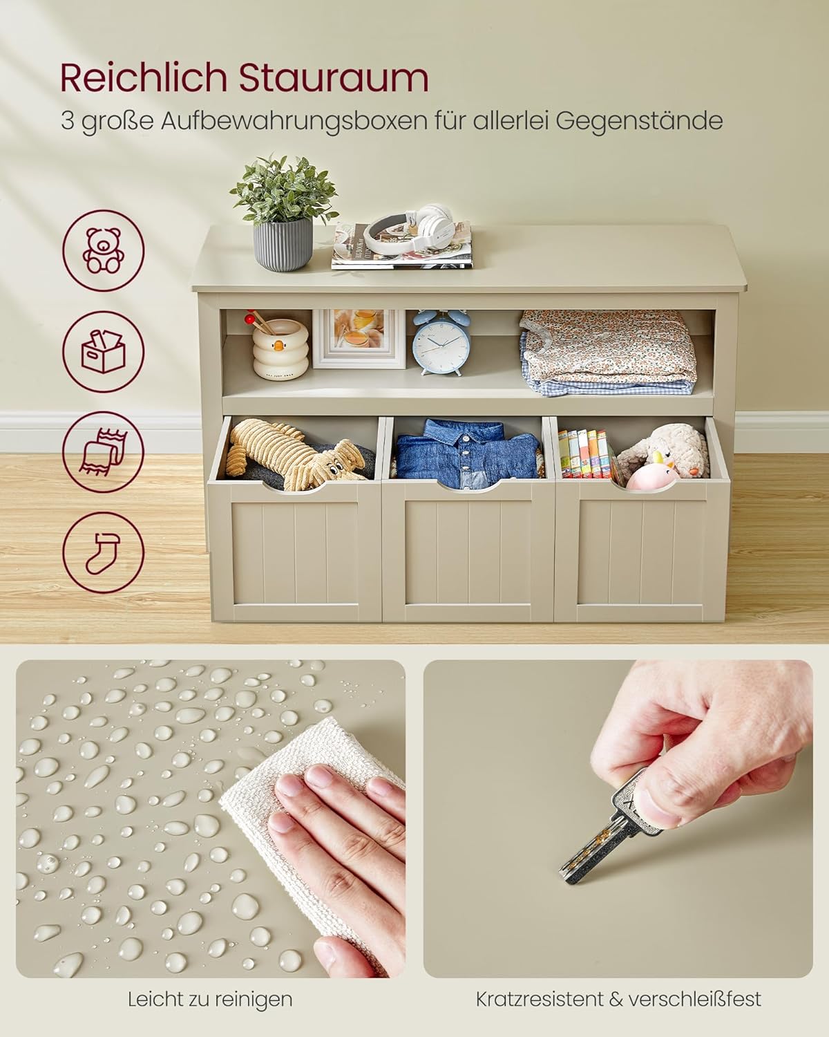 Kinder-Spielzeugregal mit Aufbewahrungsboxen und Rollen, Beige / Sandfarben 3 drawers