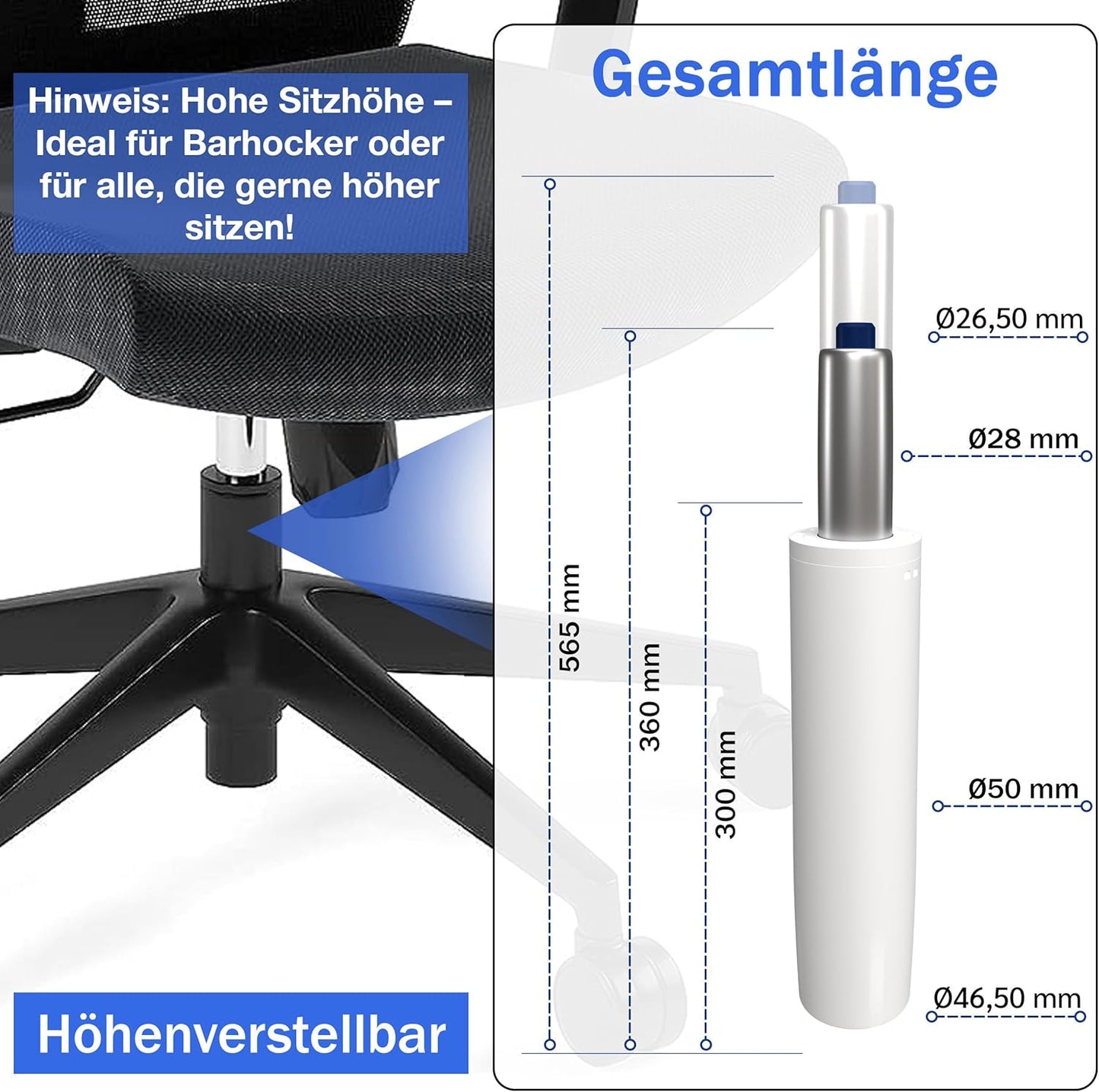 Gasdruckfeder für Bürostuhl, 565 mm Gesamtlänge Weiss