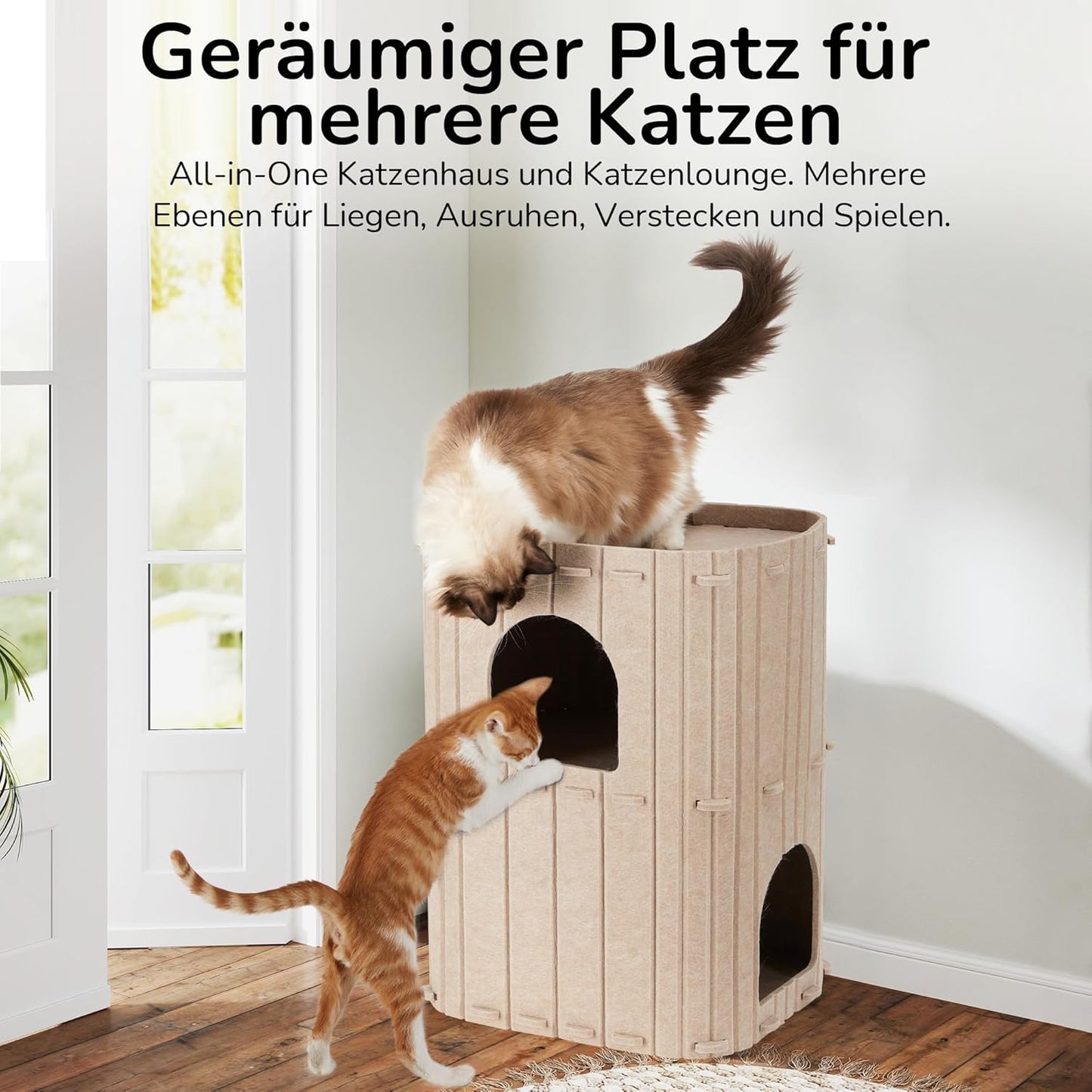 Katzenhöhle aus Filz mit 3 Ebenen, beige