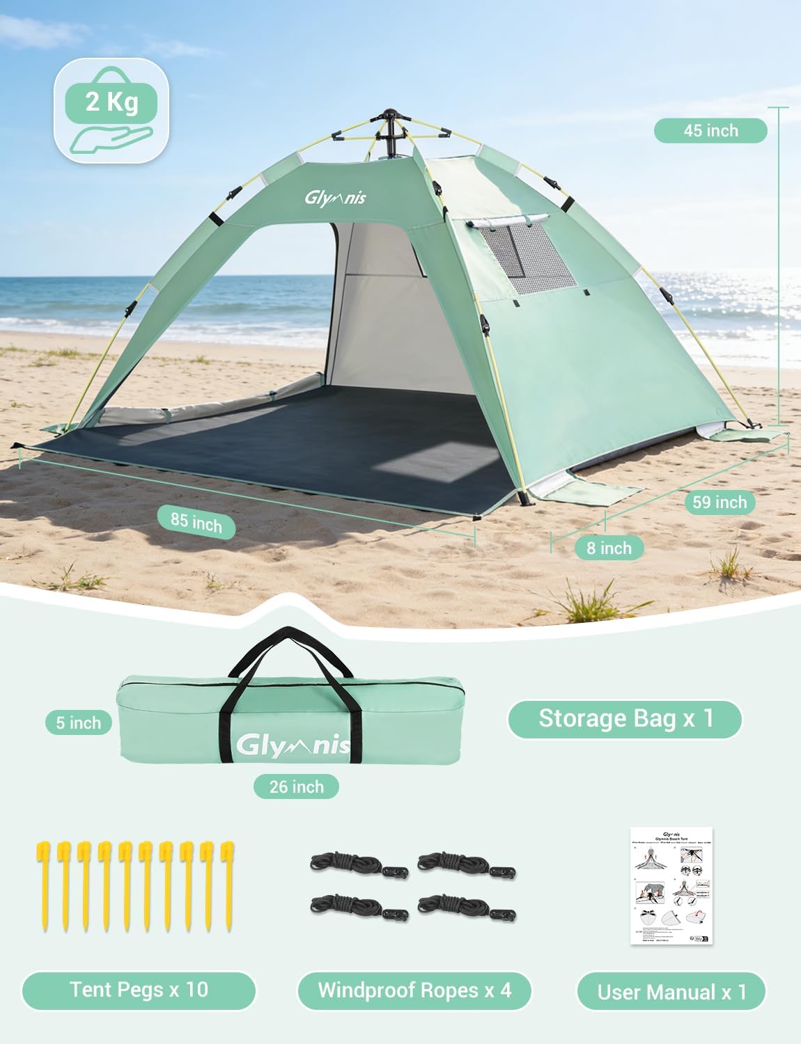 Strandmuschel Quick Up mit UV-Schutz und Windschutz, Grün