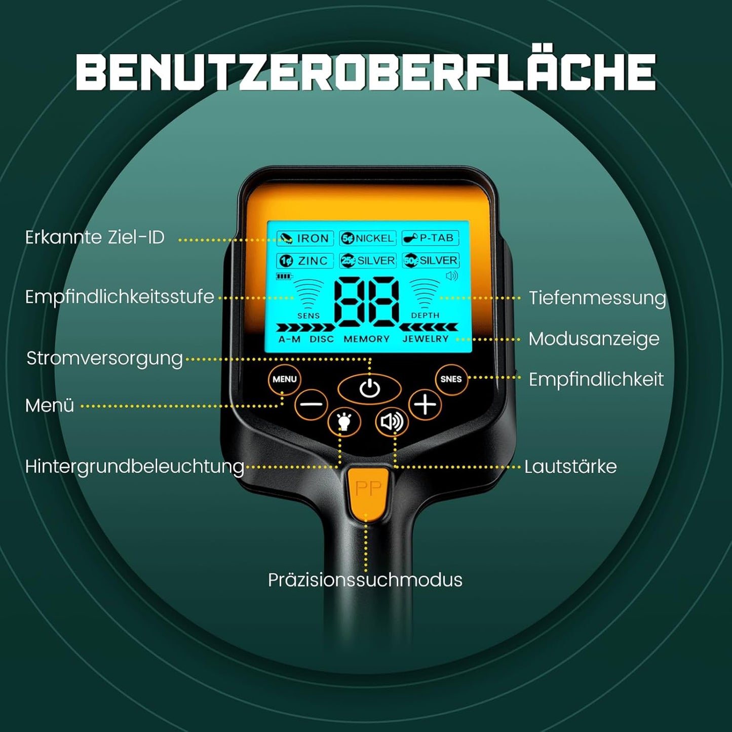 Metalldetektor mit LCD und 10-Zoll-Spule, Orange