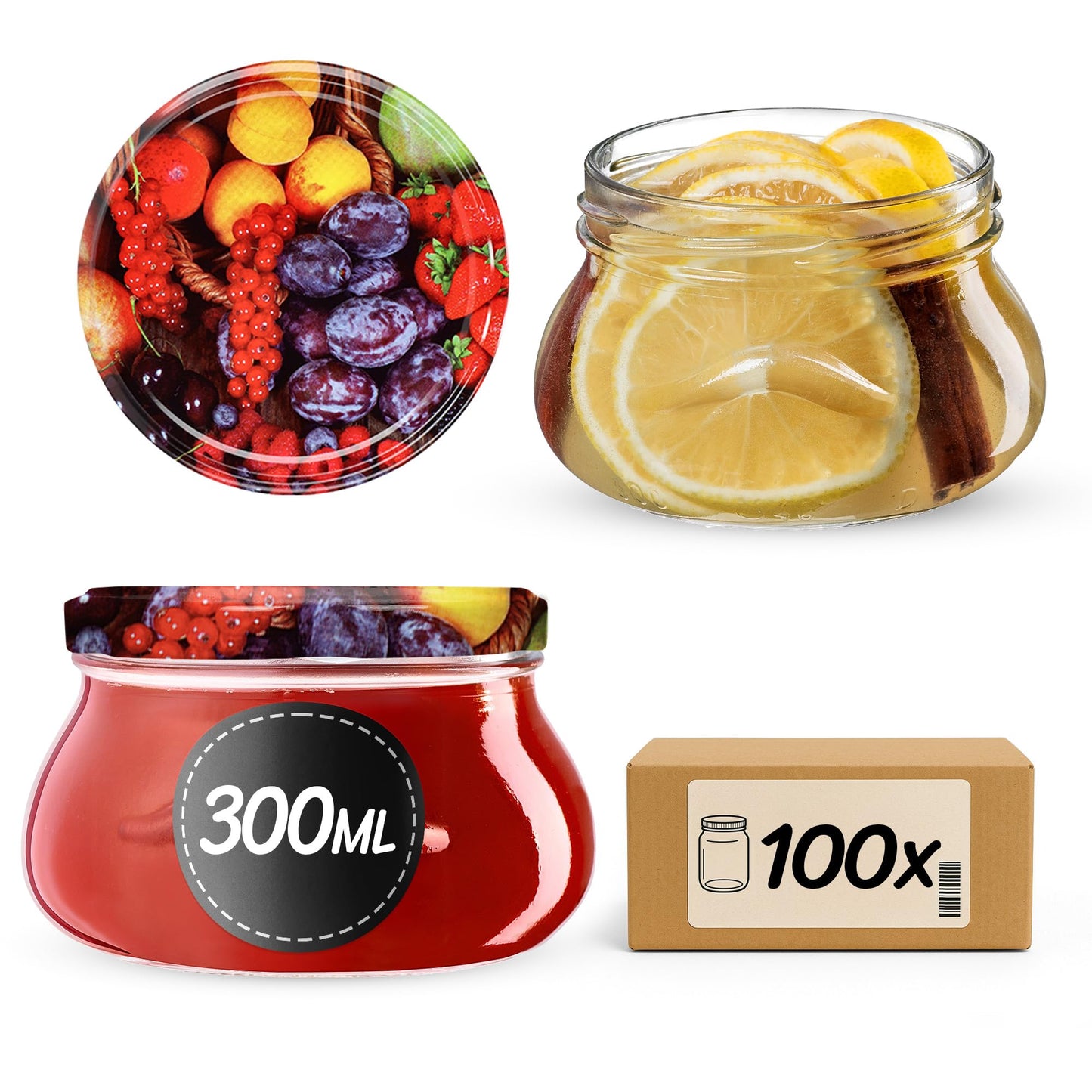 Einmachgläser Set mit Schraubdeckel, Obst 100 Stück