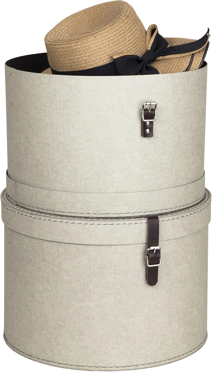 2er-Set Aufbewahrungsboxen mit Lederriemen, Beige