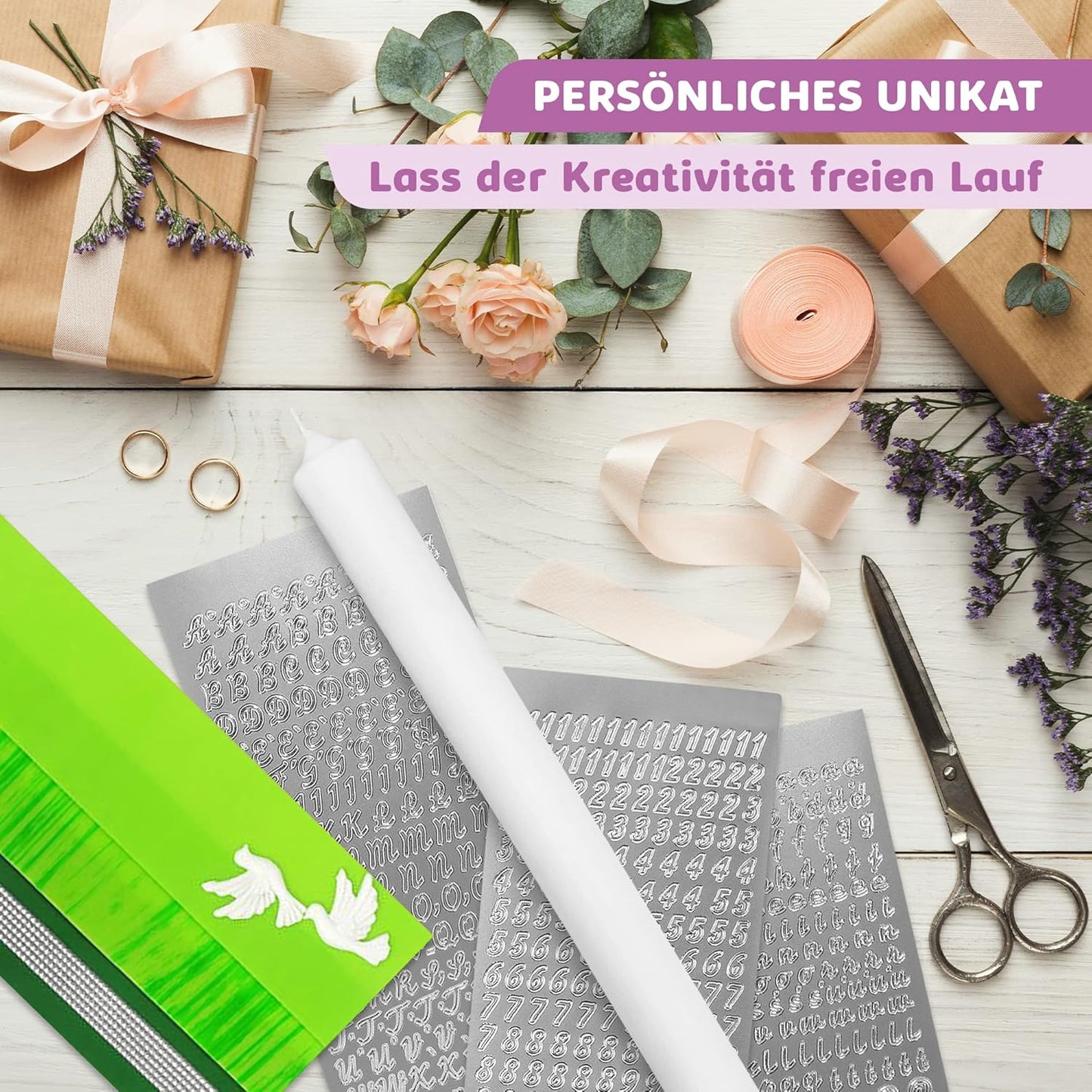 Kerzen-Rohling Set zur individuellen Gestaltung, Grün mit Taube Kerze 40x4 cm | Weiss