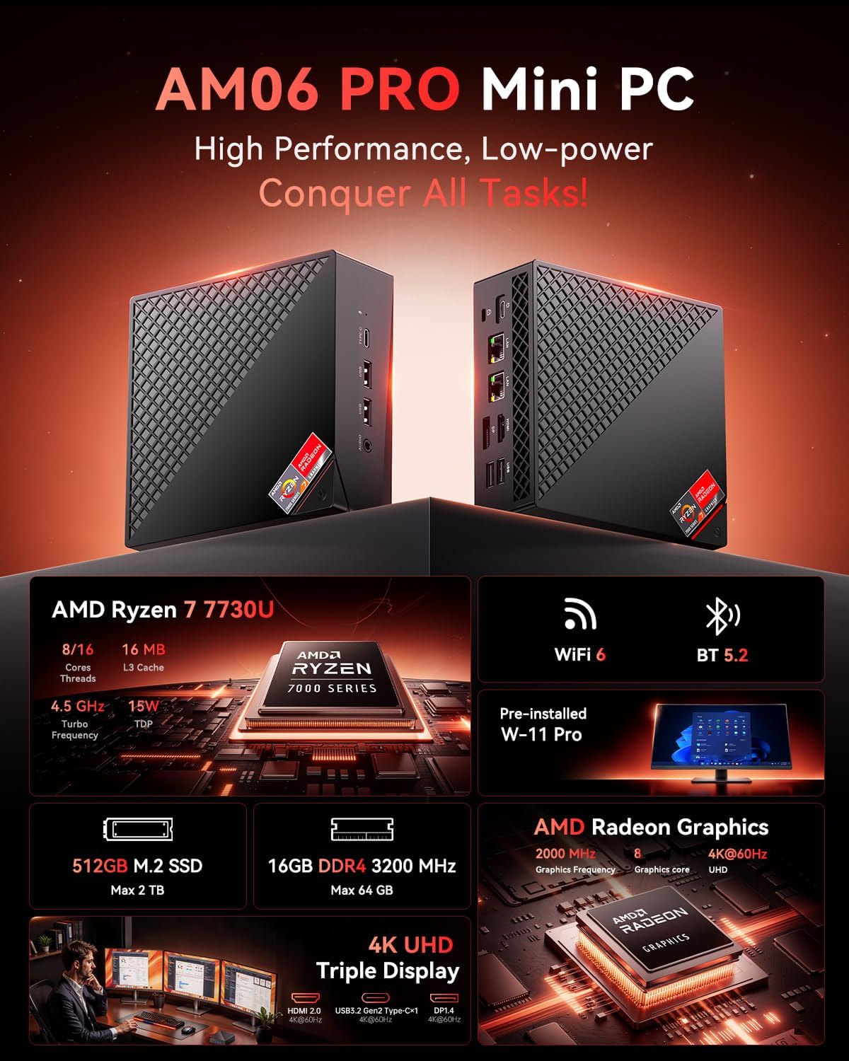 Mini PC Ryzen 7 7730U mit WiFi 6, R7 7730U/ 16GB RAM + 512GB SSD