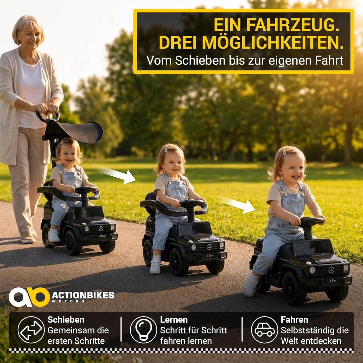 3in1 Rutschauto Mercedes G350d mit Schiebestange, Schutzbügel & Sonnendach, Schwarz 3in1