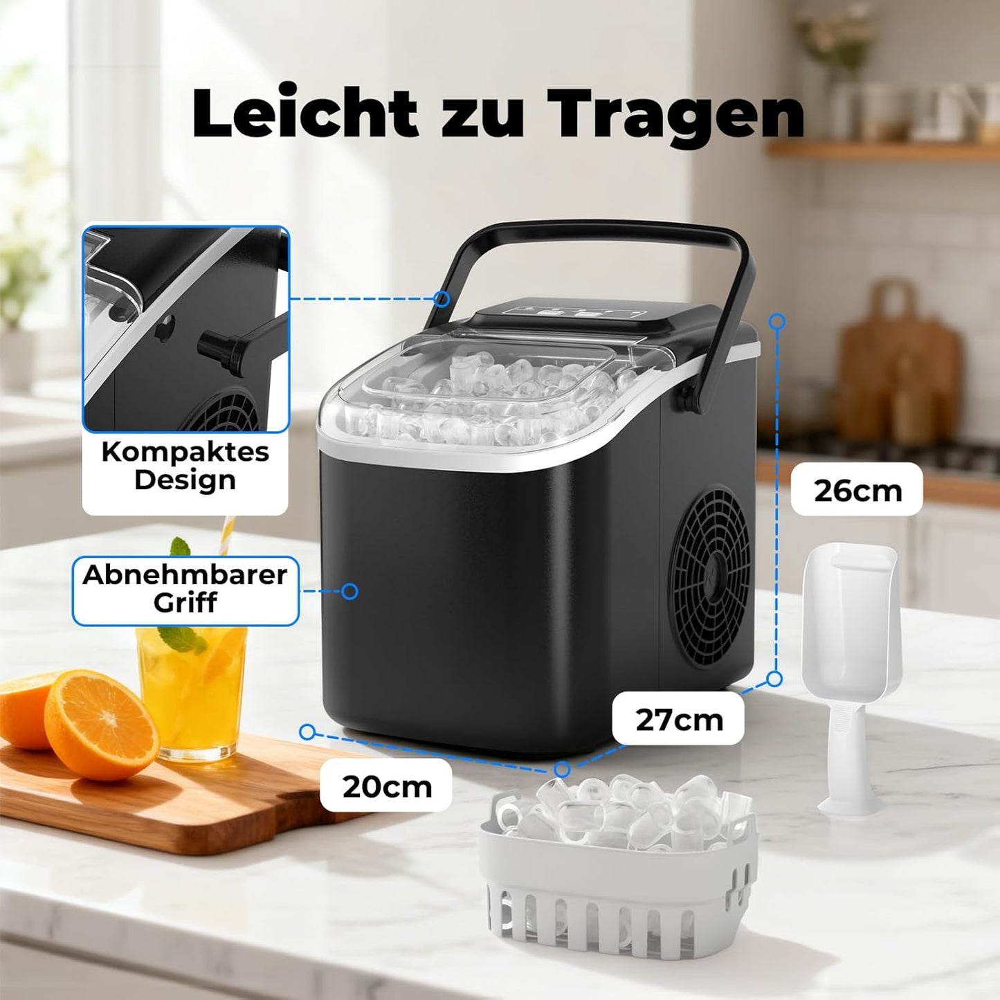 Eiswürfelmaschine mit Selbstreinigungsfunktion, Schwarz
