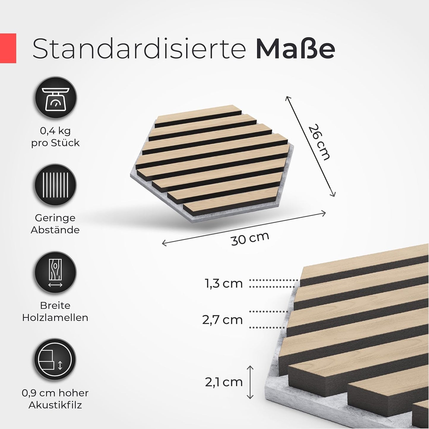 3er Set Akustikpaneele, 3 Stück | 30 x 26 x 2,1 cm Holzfurnier Eiche | Akustikfilz Grau