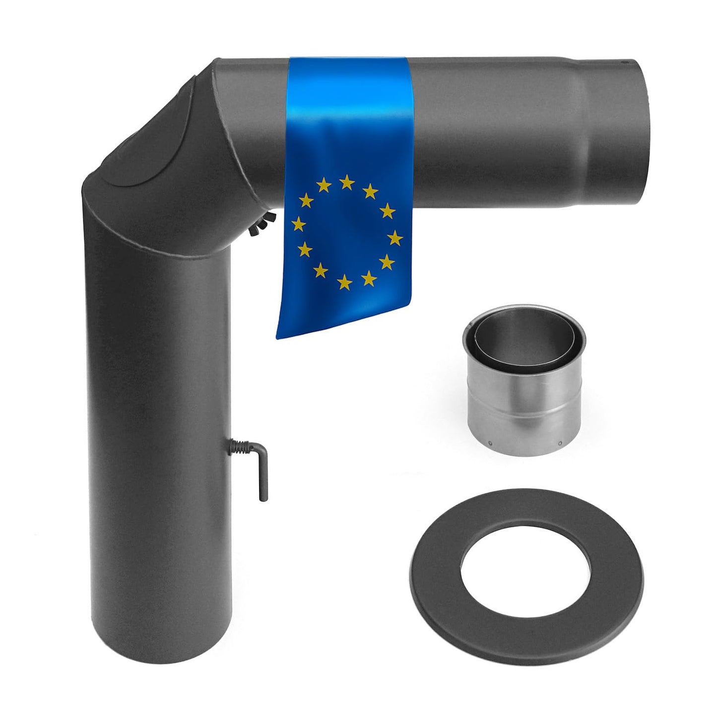 Ofenrohr-Set 150 mm, 90 Grad, mit Zugregulierung und Reinigungsöffnung, Gussgrau