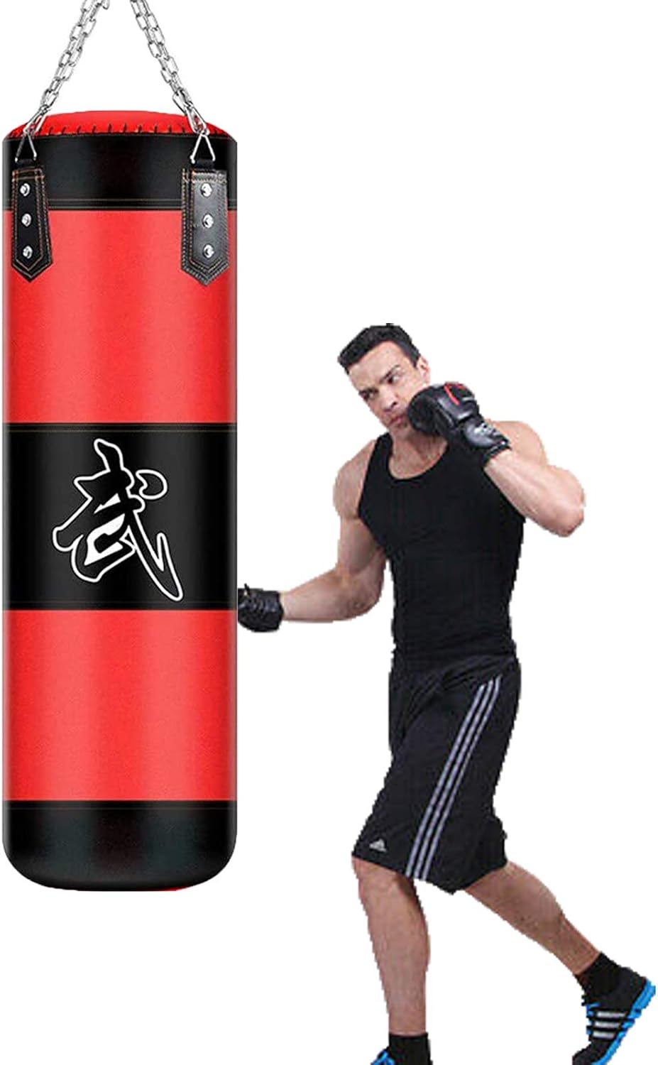 Boxsack mit Stahlkette, Schwarz / Rot