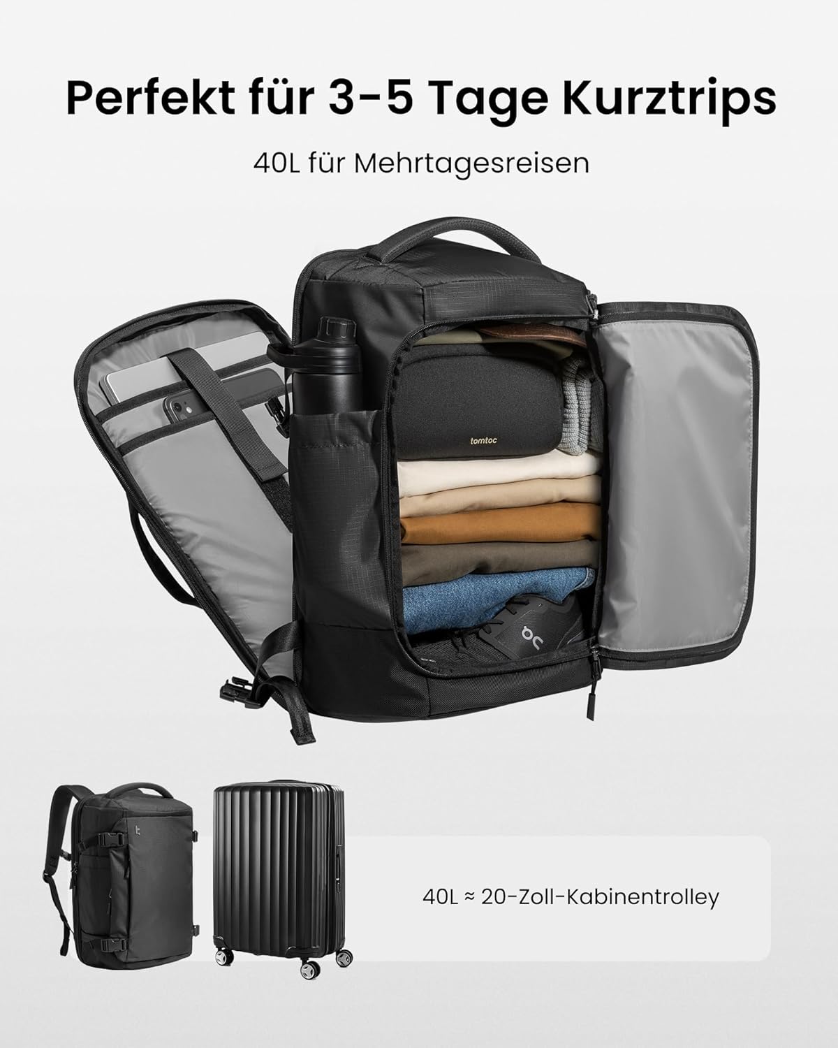 Handgepäck-Rucksack, 40 Liter Schwarz-ripstop