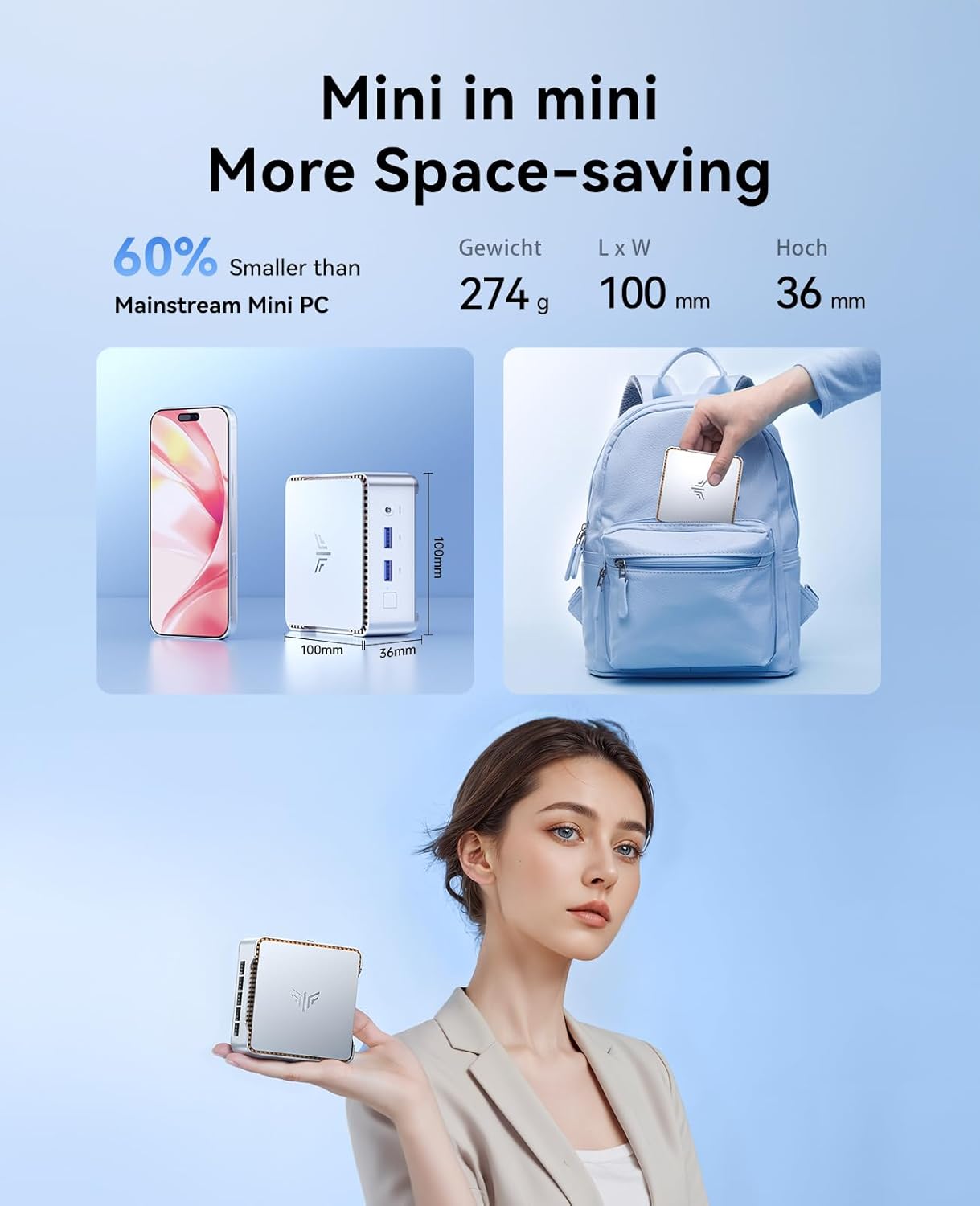 Essenx E2 Mini PC mit 4K Dual Display, 16GB RAM+512GB ROM