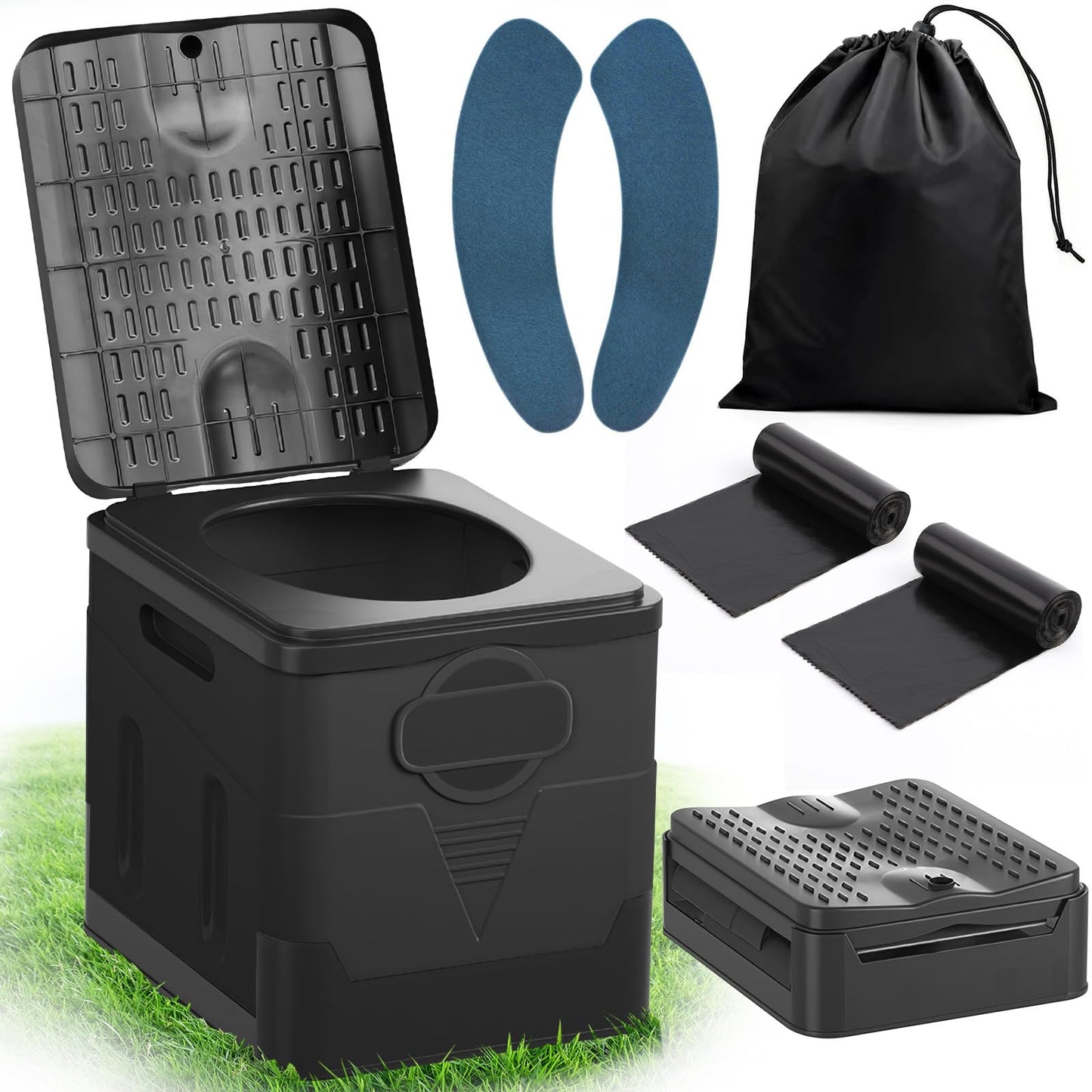 Klapptoiletten-Set mit Müllbeutel, Transporttasche & Toilettensitzpolster, Reines Schwarz
