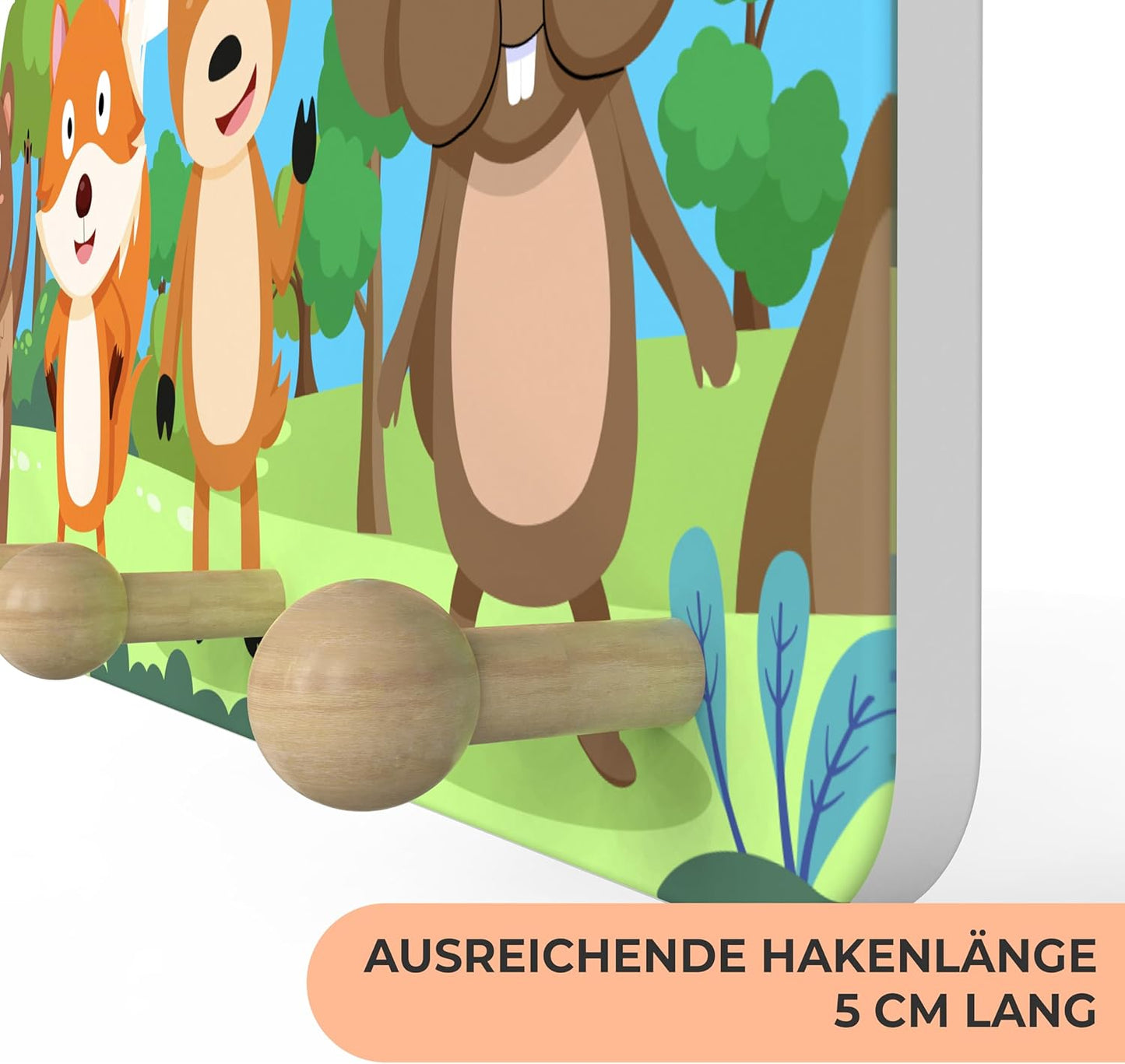Kindergarderobe aus Holz mit 4 Haken (Wald-Design), Wald