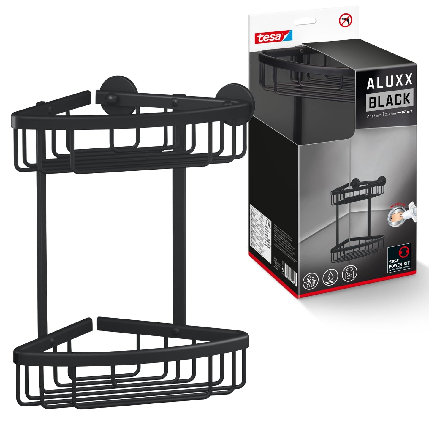 ALUXX BLACK Eck-Duschkorb inkl. Klebelösung ohne Bohren, Eck-Duschablage (Doppel)